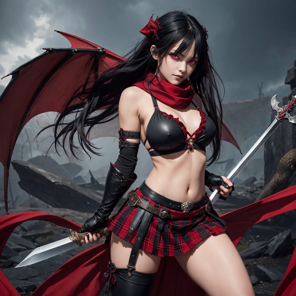 beautiful gothic cute girl, brilliant red eyes, black bikini armor, red short tartan skirt, long black hair, sword, red scarf, kneesocks, dragon background