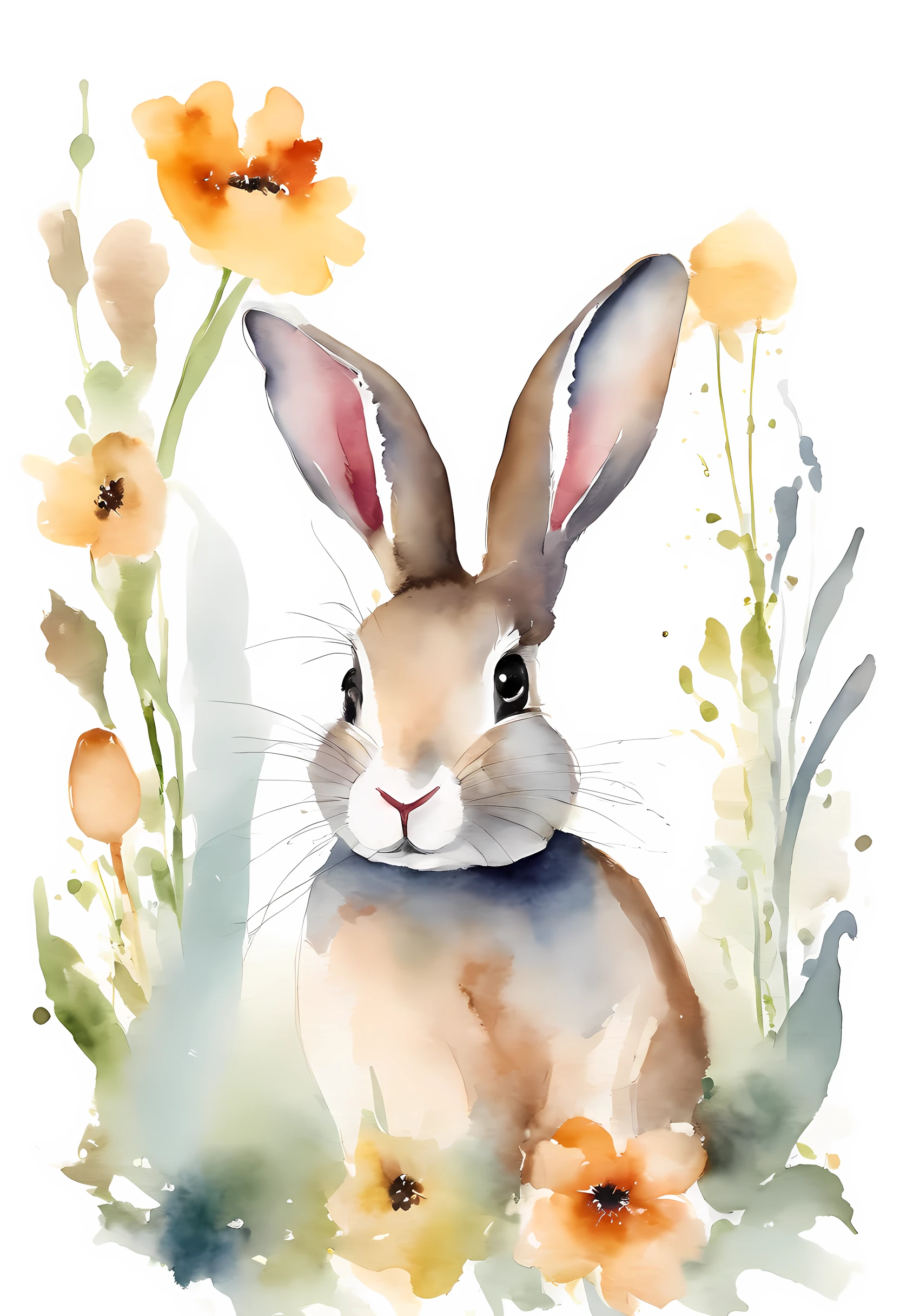 adolable,aquarelle, Minimalist watercolor Easter bunny, white background, calm colors background. Watercolor texture, creative, masterpiece
