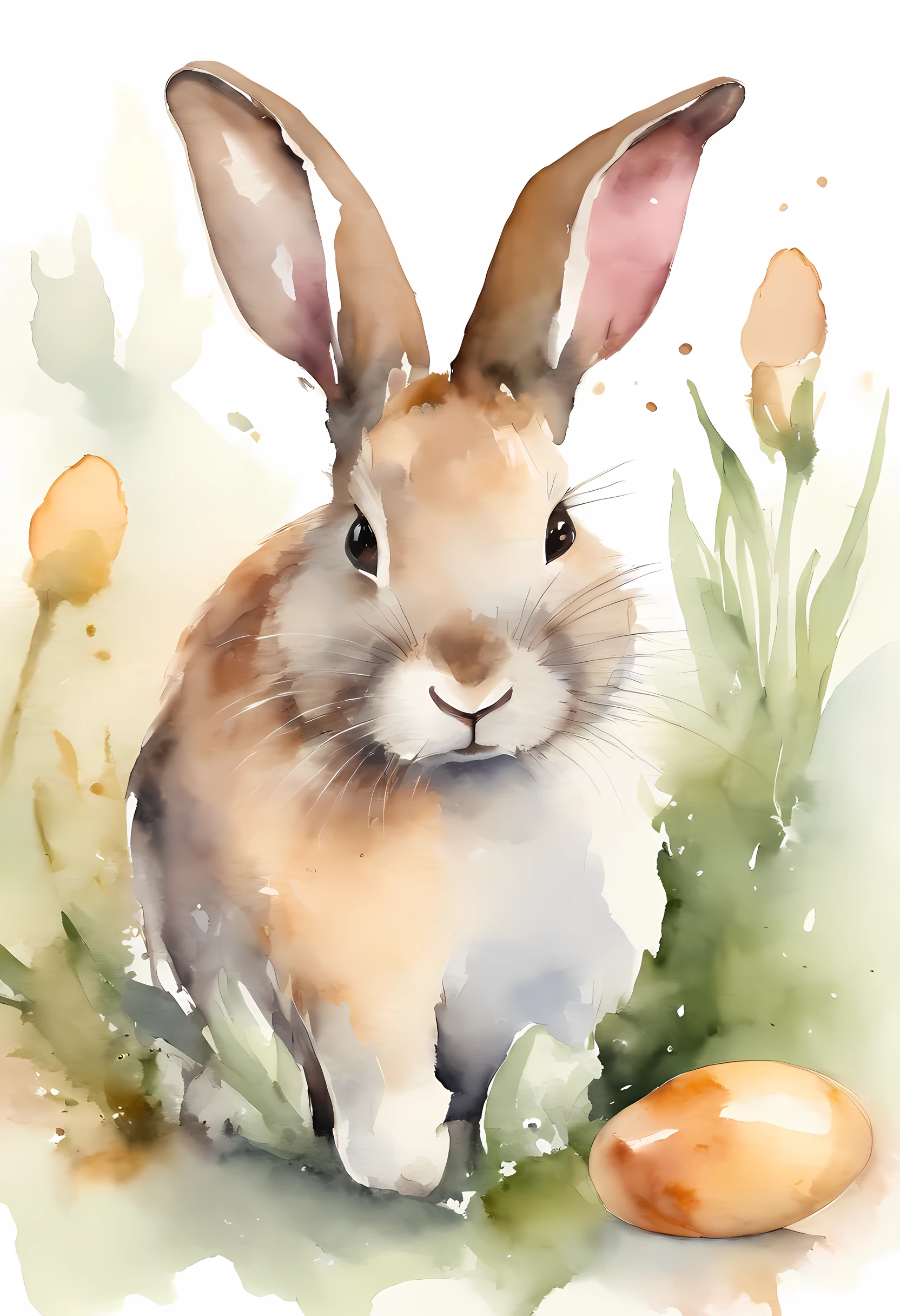 adolable，aquarelle, Minimalist watercolor Easter bunny, white background, calm colors background. Watercolor texture, creative, masterpiece