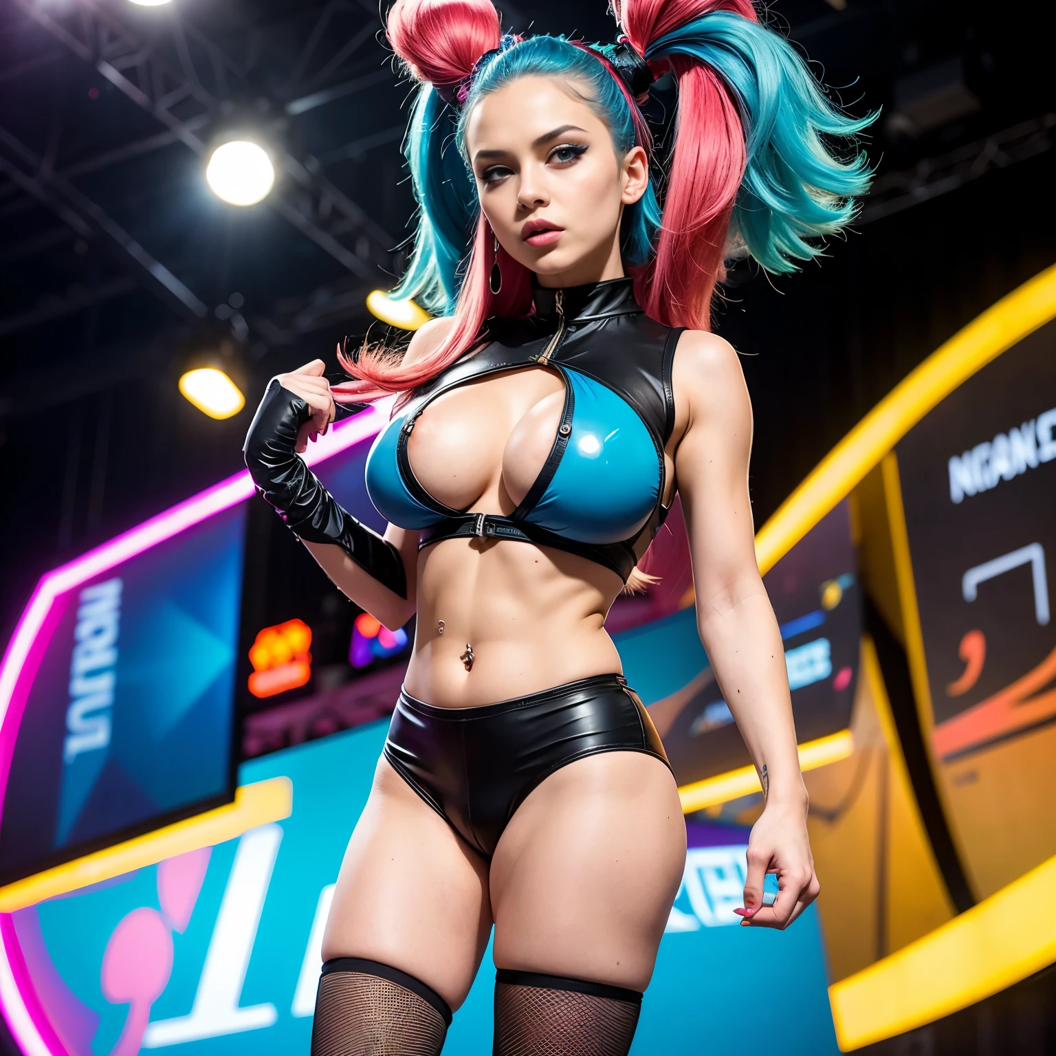 One girl, pokemon arena leader, standing, in pokemon arena, eccentric style, beautiful, crazy style, extraordinary, colorful outfit, colorful bodysuit, (bare midriff:1.3) colorful hair, european, (gigantic boobs:1.4), blue eyes, full body shot, eyeliner, high heels, natural beauty, (beautiful face:1.3), nsfw