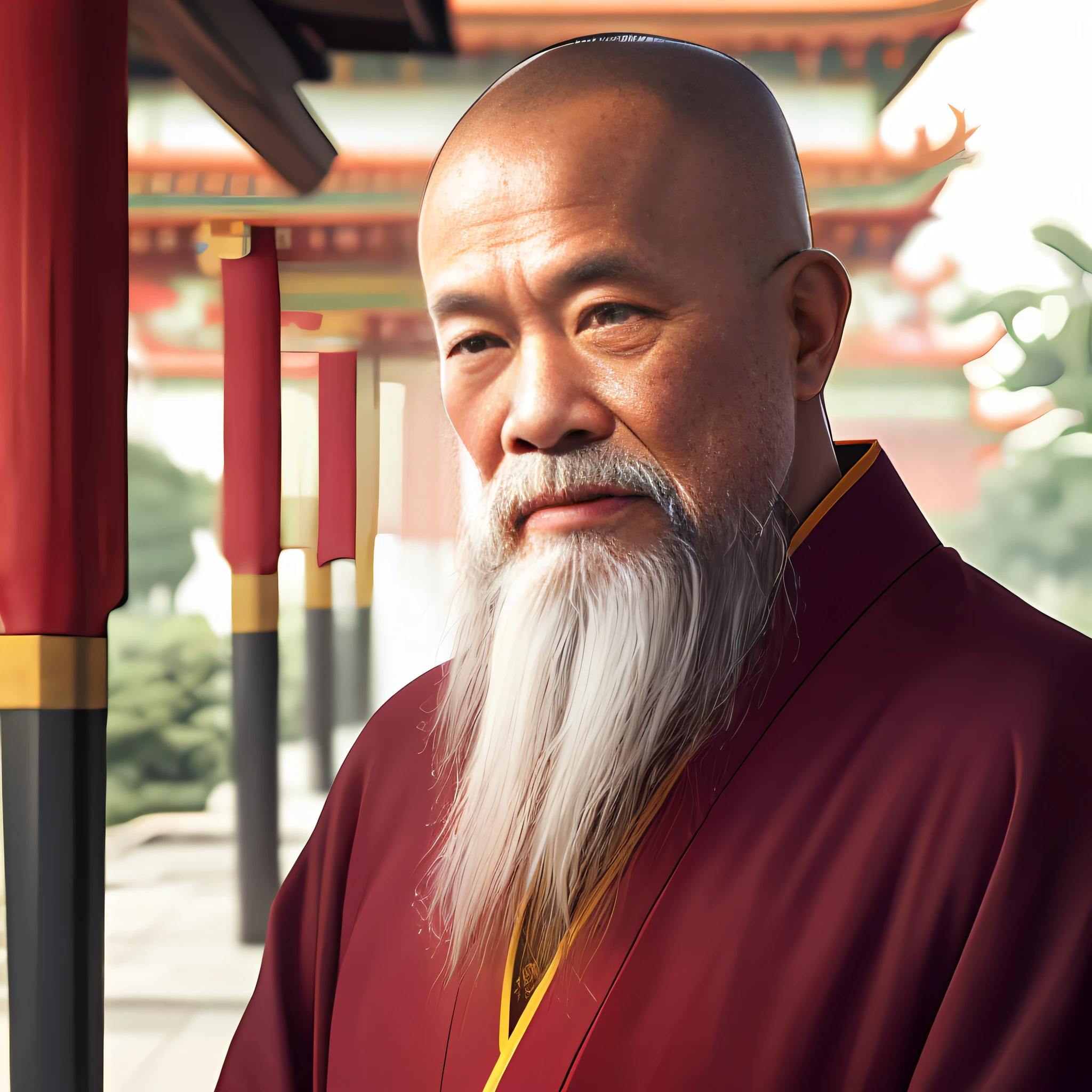 An old Chinese monk in rags,Long beard,Be kind,The eyes are shining,Smart and dashing,Teeth bared, Shanshui temple background,Cinematic portraits of people, 8K portrait rendering,Inspired by martial arts monks, abbot,Oniyako --auto