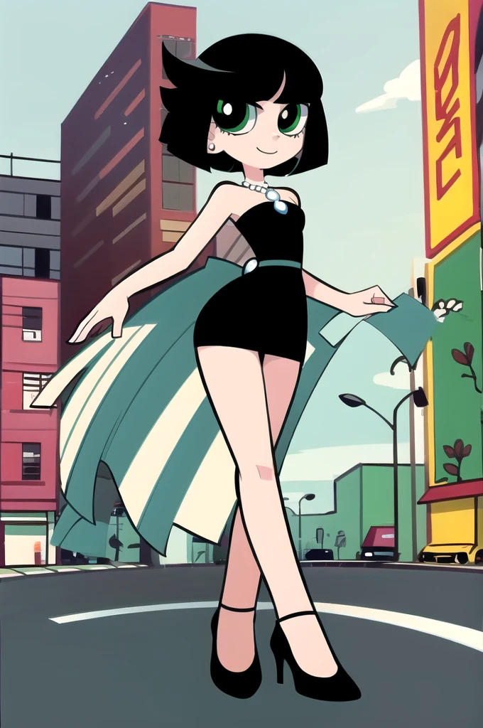 1 girl, solo, A Powerpuff Girl named Buttercup, short black hair, bob cut, medium hair, green eyes, in a little black dress, a short black dress, a longer body, all grown up, a teenager style, with a pearl necklace, bare shoulders, black high heels, and being so beautiful, walking in the street, at night time in the city, in 2D illustration, 2D art style, smile.