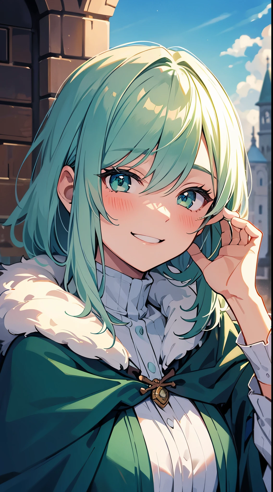 [[[ ultra-detailed, best quality, soft skin, beautiful]]], portrait, green viridian eyes, white hair with shades of blue, mage cloak, medieval city background, smiling, blushing.