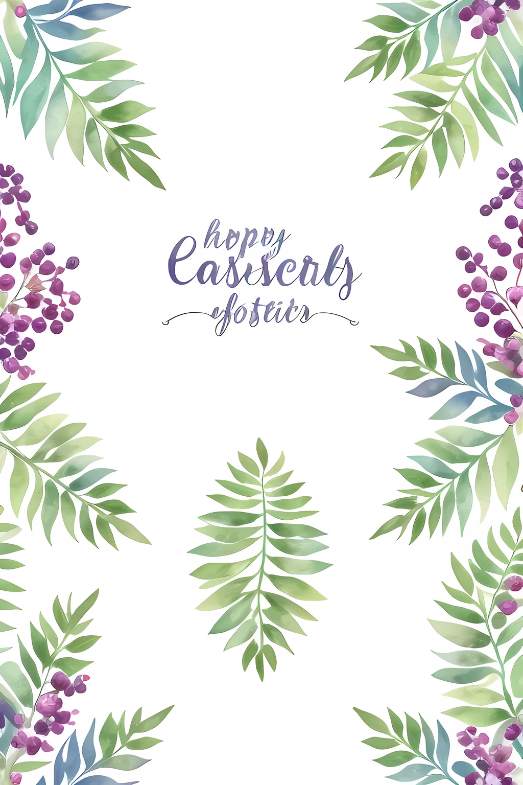 Minimalist watercolor pattern of beautiful flowers, berries, Easter eggs in basket, Easter theme, ferns, leaves, white background, calm colors background. Watercolor texture, beautiful flowers, creative, masterpiece