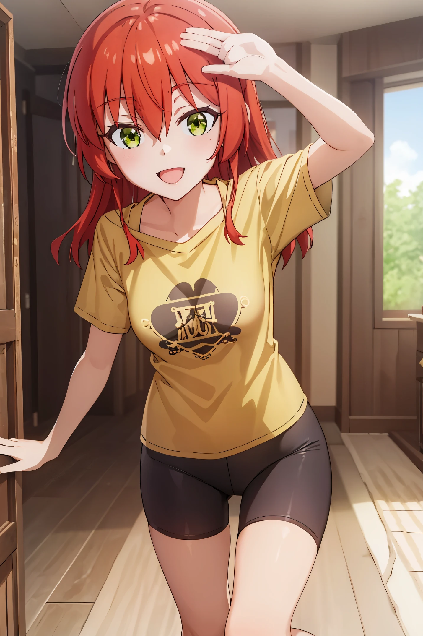 Room, 1 girl, best quality, ultra high res, long hair, red hair, green eyes, looking at viewers, small breast, standing, pov, slim body, loli body, small body, smile, open mouth, yellow shirt, short sleeves, bike shorts,