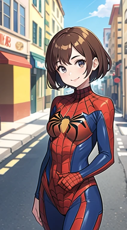 Best quality, Masterpiece, 1 girl, short brown hair, wear Spiderman suit, smile, sunny day, in the street