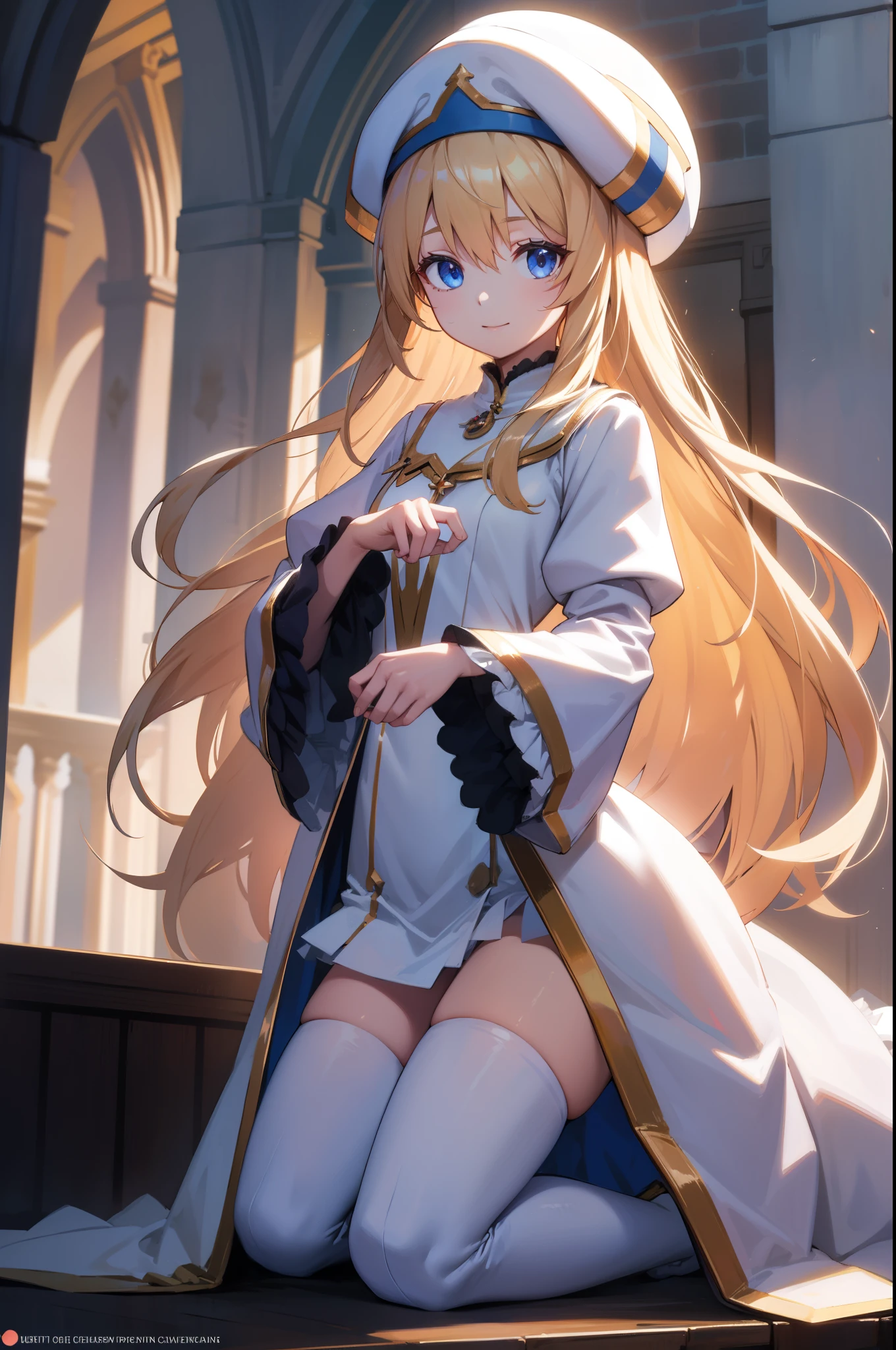 priestess, priestess, blonde hair, blue eyes, long hair, hair between eyes, (small breast:1.0), smile, BREAK boots, dress, frilled sleeves, frills, hat, white headwear, pelvic curtain, high heels, robe, thigh boots, thighhighs, white thighhighs, long sleeves, puffy sleeves, BREAK looking at viewer, BREAK indoors, church, BREAK (masterpiece:1.0), best quality, high resolution, unity 8k wallpaper, (illustration:0.8), (beautiful detailed eyes:1.0), extremely detailed face, perfect lighting, extremely detailed CG, (perfect hands, perfect anatomy),