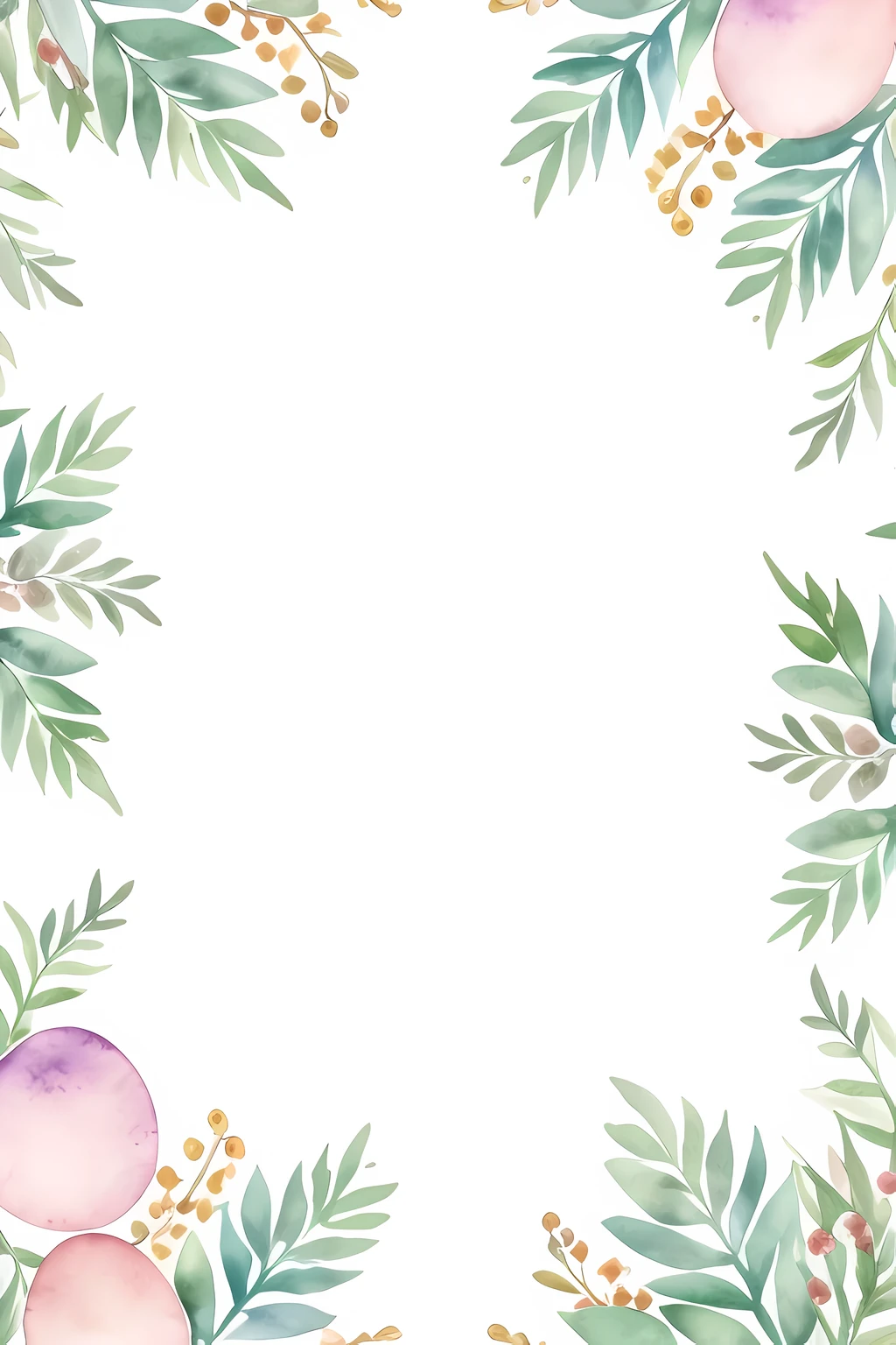 Minimalist watercolor pattern of beautiful flowers, berries, colored Easter eggs in basket, Easter theme, ferns, leaves, white background, calm colors background. Watercolor texture, beautiful flowers, creative, masterpiece