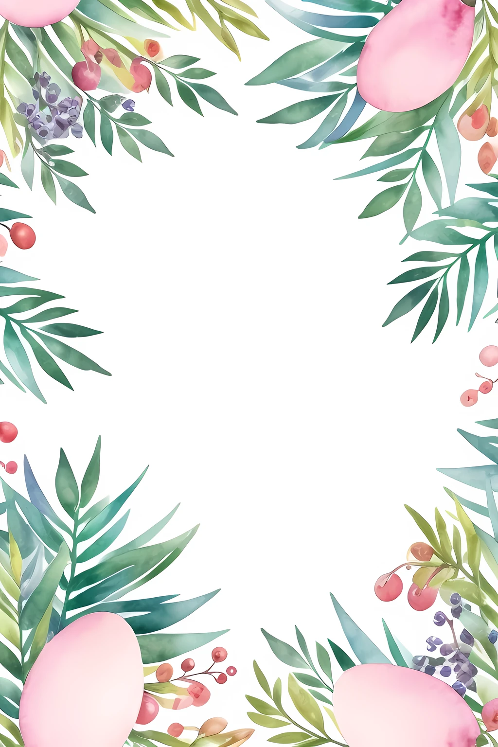 Minimalist watercolor pattern of beautiful flowers, berries, colored Easter eggs in basket, Easter theme, ferns, leaves, white background, calm colors background. Watercolor texture, beautiful flowers, creative, masterpiece