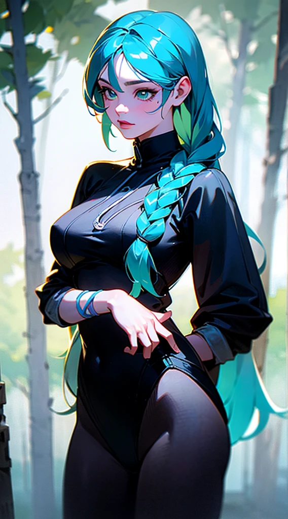 RAW, professional photograph, medium shot, photorealistic, realistic lights, realistic shadows, hyper-realistic, ray tracing, super detail, UHD, 8k, female, twenty years old, athletic body, soft facial features, long braided hair, Celtic hairstyle, straight hair, cyan hair, cyan eyes, Celtic clothing, forest in winter, sharp image