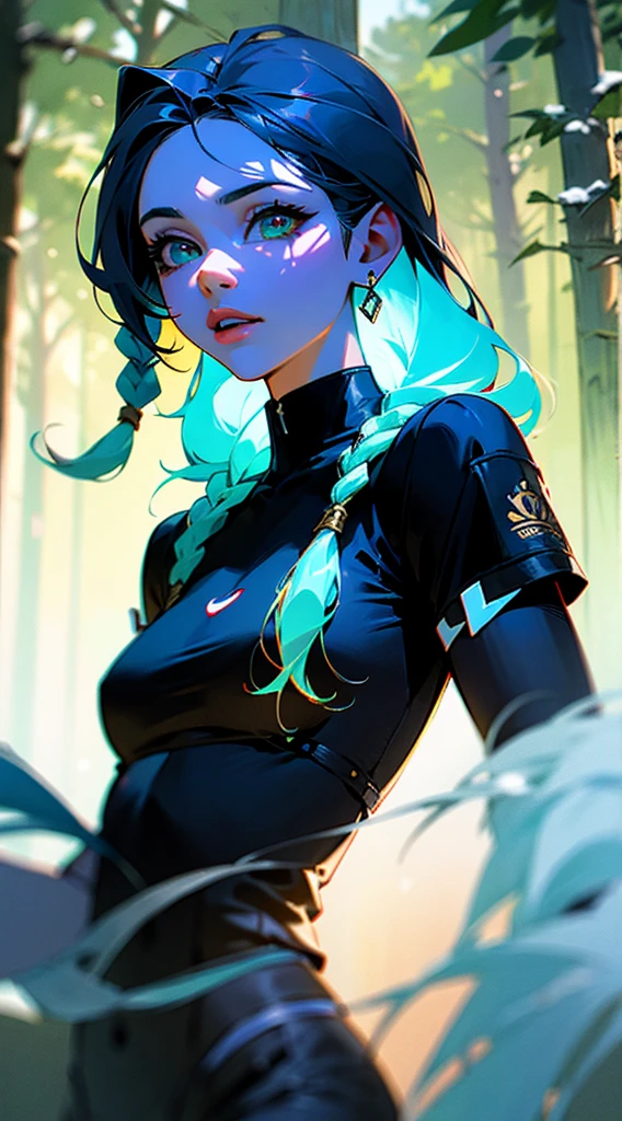 RAW, professional photograph, medium shot, photorealistic, realistic lights, realistic shadows, hyper-realistic, ray tracing, super detail, UHD, 8k, female, twenty years old, athletic body, soft facial features, long braided hair, Celtic hairstyle, straight hair, cyan hair, cyan eyes, Celtic clothing, forest in winter, sharp image