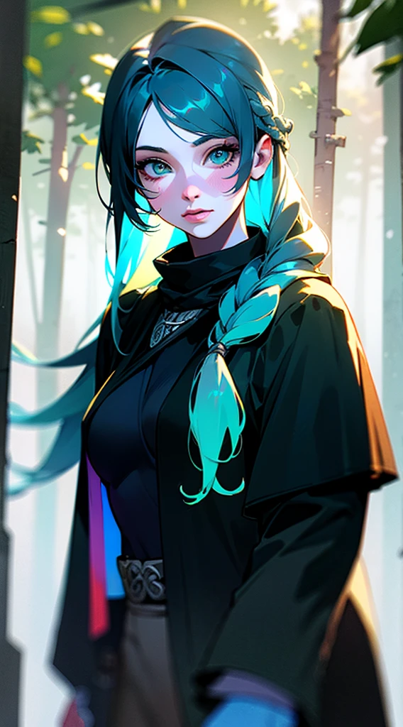 RAW, professional photograph, medium shot, photorealistic, realistic lights, realistic shadows, hyper-realistic, ray tracing, super detail, UHD, 8k, female, twenty years old, athletic body, soft facial features, long braided hair, Celtic hairstyle, straight hair, cyan hair, cyan eyes, Celtic clothing, forest in winter, sharp image