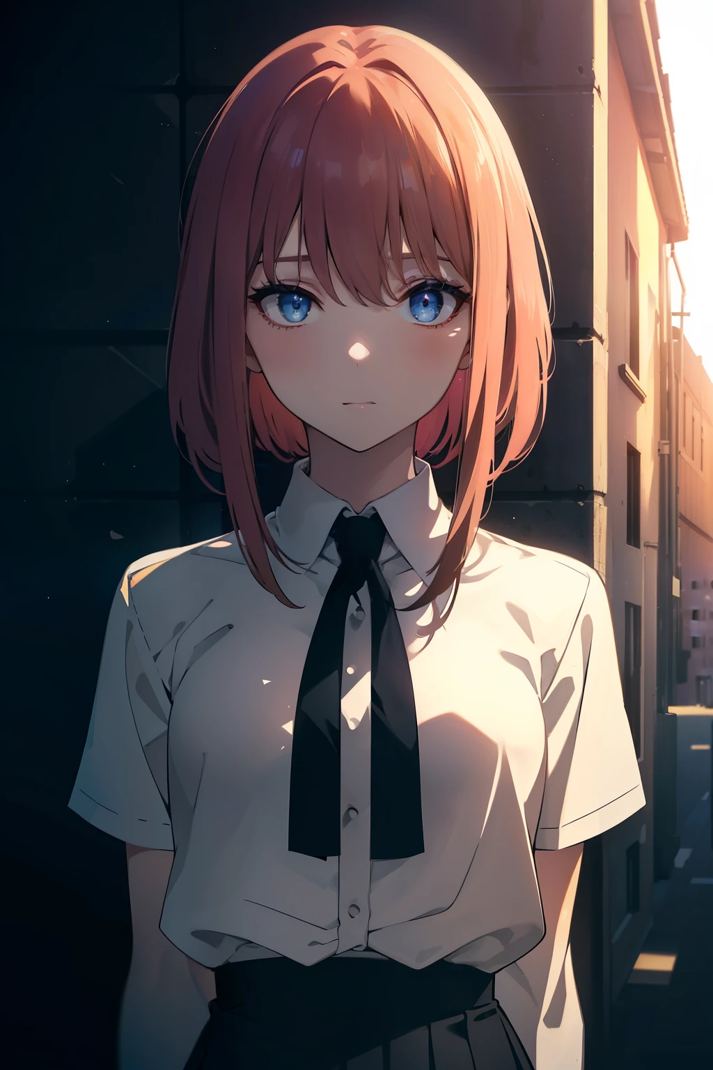 (((masterpiece, best qualtiy, 超A high resolution))), 1girl in, Standing, School uniform, white office shirt, Black pleated skirt, ((light brown hair:0.7)), Long haircut, pale skin, ((blue Eyes)), blazing_Eyes, neon Eyes, (((ultra detailed Eyes, beautiful and detailed face, detailed Eyes))), ((Centered)), Smile, ((Wide Shot)), face to the viewer, Eye level, (blurry Background, sunset Background, view above the building), flat-chest, Looking at Viewer, ((half closed Eyes)), ((Perfect hands)), (((Head, missiles, lower back, Elbows, In view))), ((hands behind back)), empty Eyes, Beautiful lighting, Outside, Outdoors, shooting stars:0.7, Background, defined subject, (Summer lighting), 25 years old