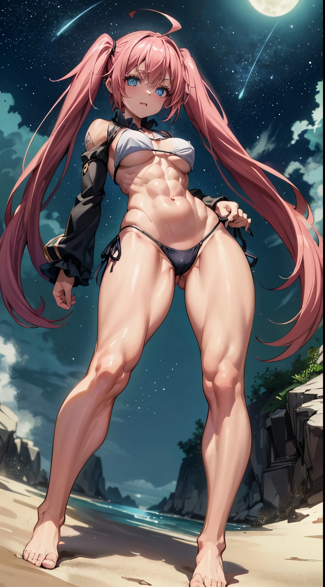 1 girl, (medium breasts))), (((wearing short bikini))), (long pink hair), (((blue eyes))), thin arms, (on the beach at night with starry sky and a full moon of blood), (slim waist), (((muscular legs))), muscular belly, bare feet, (((showing me your big ass))), (full body photo), (twintails), long eyes, eye flare, bad mood, anime, anime style, ray tracing, reflection, drop shadow, panorama, Sony FE, 8k, UDisk, masterpiece, accurate, anatomically correct, Super detail, best quality, ultra-high resolution, Hard Udisk, 16k