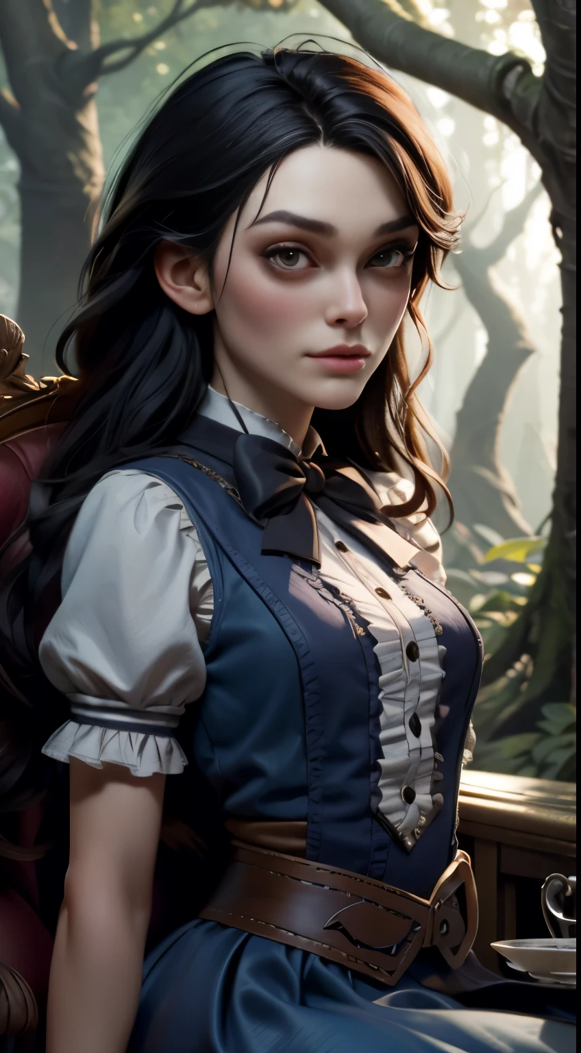 photo of Keira Knightley, RAW, beautiful woman, ((portrait)), ((detailed face:1.2)), ((detailed facial feature, detailed skin, clear skin), (perfect proportioned body), ((wearing American McGee's Alice in Wonderland outfit)), sitting for tea, (high detailed giant mystical forest), (arms behind back: 1.2), (realistic photo, best quality, detailed), (8k wallpaper), (cinematic lighting, dramatic lighting) (sharp focus, intricate)