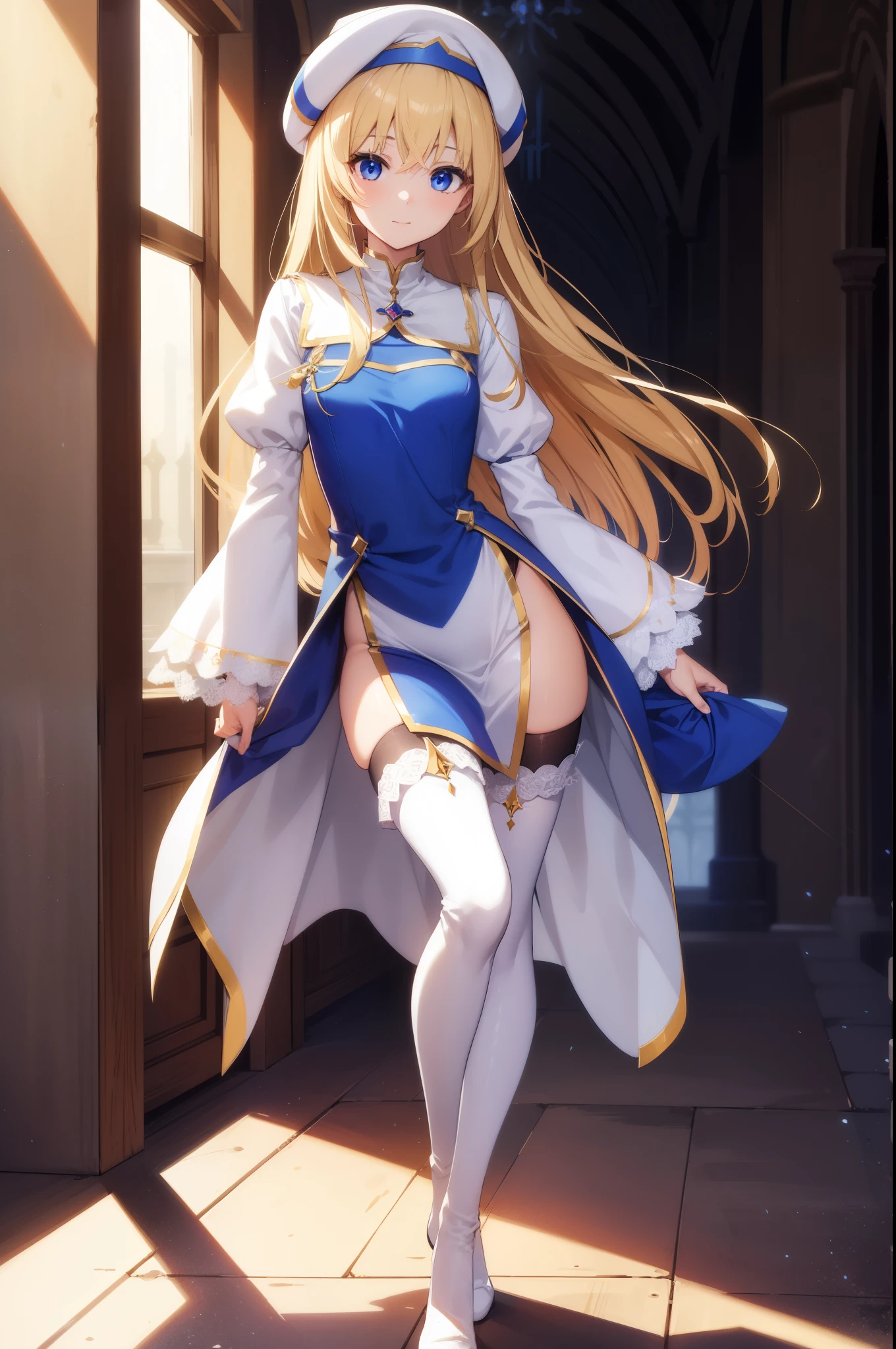 priestess, priestess, blonde hair, blue eyes, long hair, hair between eyes, (small breast:1.0), smile, BREAK boots, dress, frilled sleeves, frills, hat, white headwear, pelvic curtain, high heels, robe, thigh boots, thighhighs, white thighhighs, long sleeves, puffy sleeves, BREAK looking at viewer, BREAK indoors, church, BREAK (masterpiece:1.0), best quality, high resolution, unity 8k wallpaper, (illustration:0.8), (beautiful detailed eyes:1.0), extremely detailed face, perfect lighting, extremely detailed CG, (perfect hands, perfect anatomy),