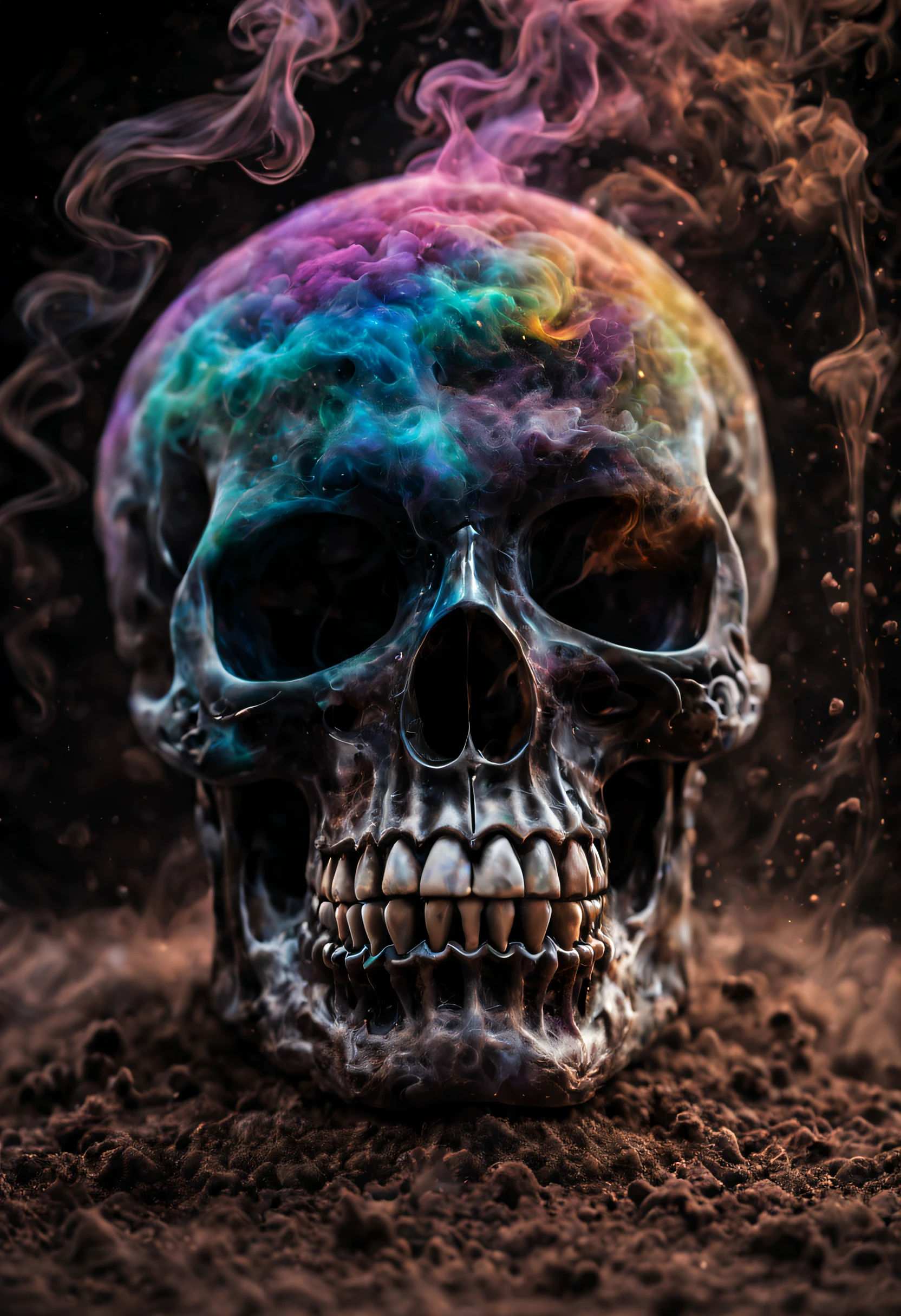 A beautiful realistic magestic darkness glass skull with a coat made of a magnificent colored dust storm, It's textured and beautiful with lot of multicolored flying dust