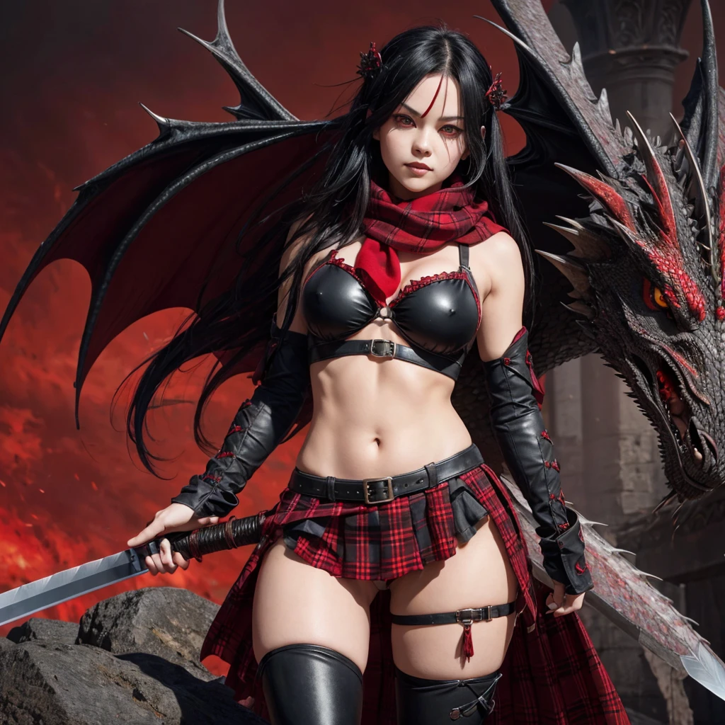 beautiful gothic cute girl, brilliant red eyes, black bikini armor, red short tartan skirt, long black hair, sword, red scarf, kneesocks, dragon background