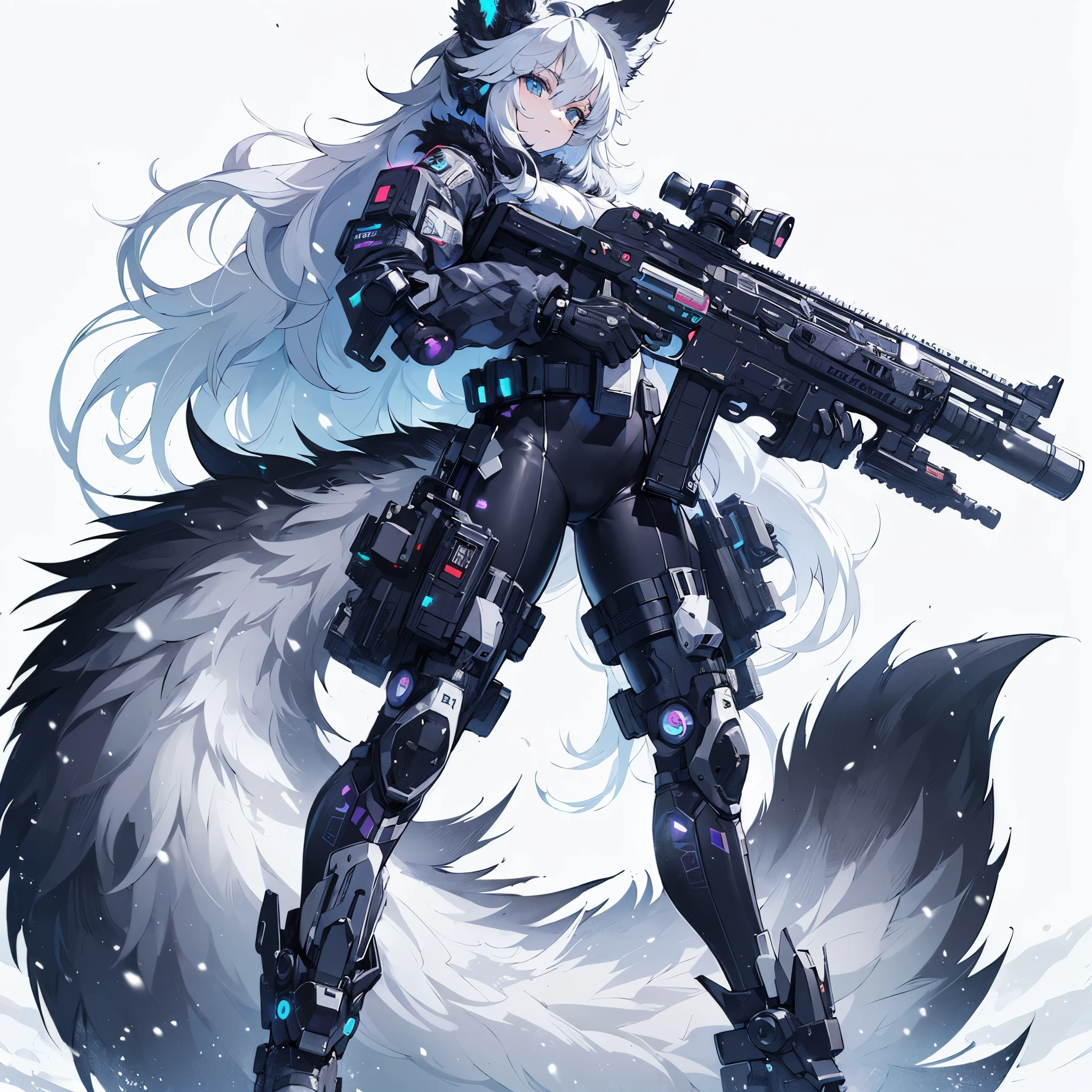 (Masterpiece, best quality), (perfect athlete body:1.2), (detailed hair), ultra-detailed, anime style, solo, full body, Fluffy animal girl gunner, Black-White hair, blue grey fur, wears cyberpunk suit, has big gun, raised boots, digital painting, 8k high resolution, whole body, white background, standing in snow land