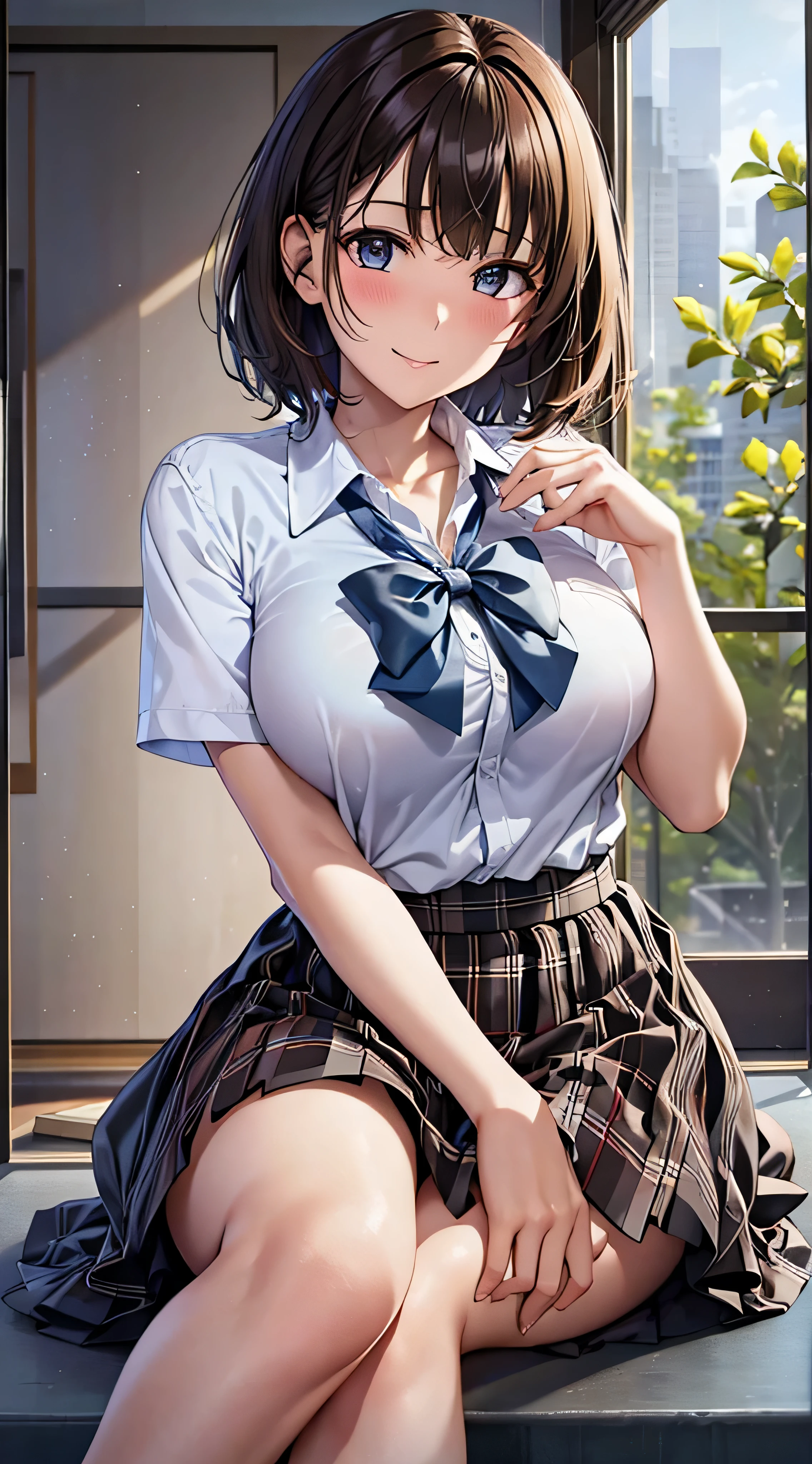 ((masutepiece, Best Quality, hight resolution, nffsw, Perfect Pixel, 4K, nffsw, nffsw))), 1girl in, Single, Solo, Beautie、full body seen、 ((Short Wave Hair, Bangs, Brown hair)), ((Brown-eyed, Beautiful eyelashes, Realistic eyes)), ((Detailed face, Blushing:1.2)), ((Smooth texture:0.75, Realistic texture:0.65, Photorealistic:1.1, Anime CG style)), medium breasts, Dynamic Angle, Perfect body, ((School uniform, White shirt, Black skirt, Unbuttoned shirt、plaid skirts、I'm not wearing shoes、White Sox)), Classrooms without people、Sit on a desk、Lower'I took my foot off the desk........................................、early evening、、、Very embarrassing panic smile、(Lift the skirt with your right hand、Open both legs、Open your knees wide、Light blue and yellow floral lace panties)、、(Light blue lace bra)、Angle from below