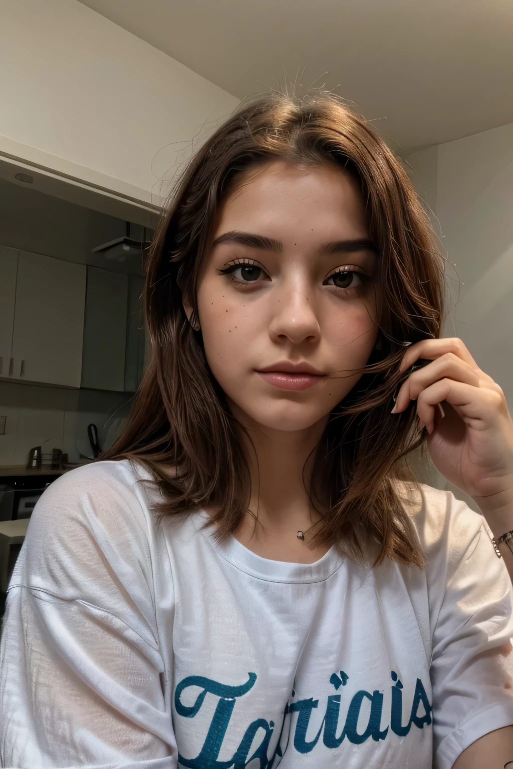 ((La mejor calidad)), (Detallado), Un retrato realista, of a beautiful 18 year old e-girl, con un septum y pecas.