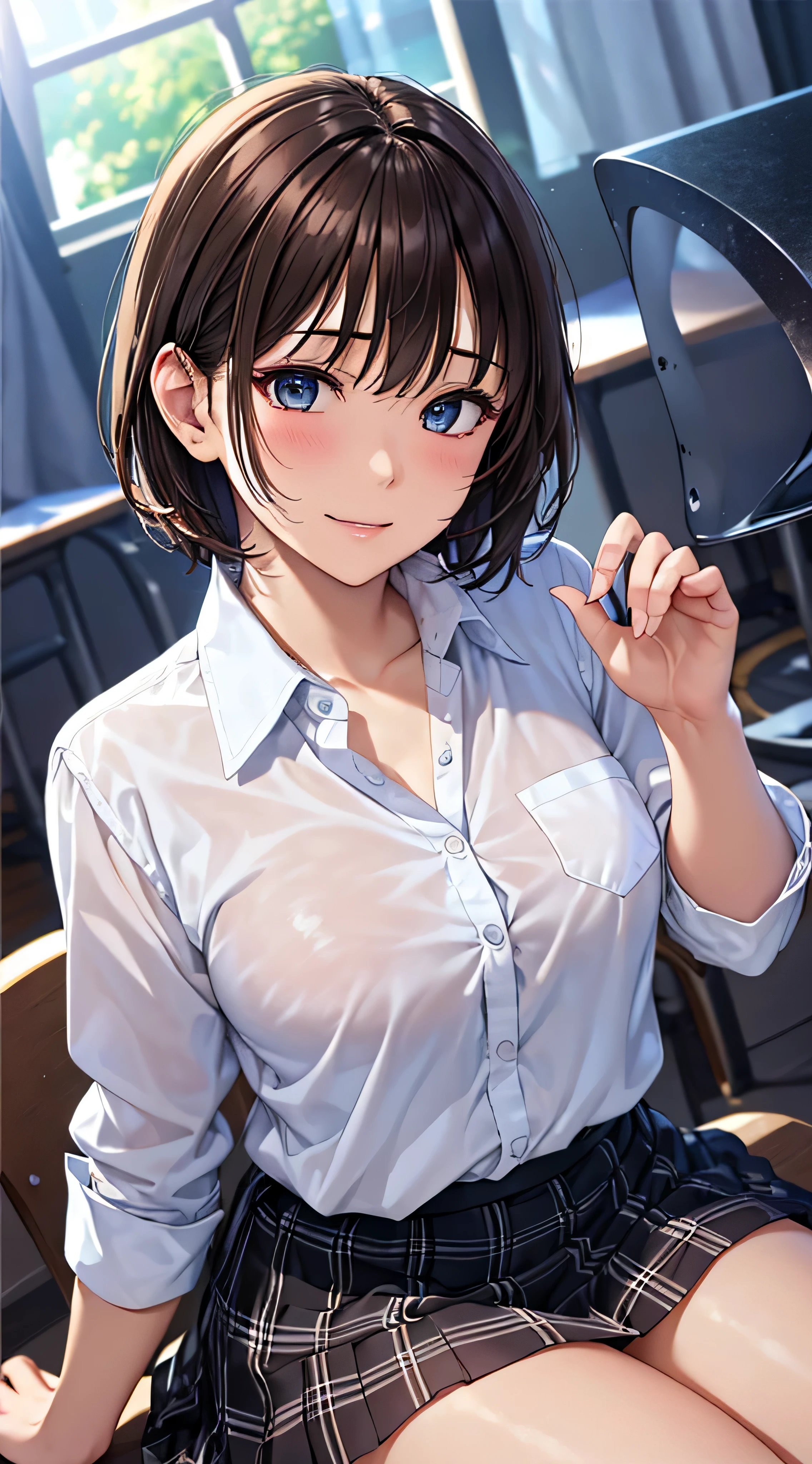((masutepiece, Best Quality, hight resolution, nffsw, Perfect Pixel, 4K, nffsw, nffsw))), 1girl in, Single, Solo, Beautie、full body seen、 ((Short Wave Hair, Bangs, Brown hair)), ((Brown-eyed, Beautiful eyelashes, Realistic eyes)), ((Detailed face, Blushing:1.2)), ((Smooth texture:0.75, Realistic texture:0.65, Photorealistic:1.1, Anime CG style)), medium breasts, Dynamic Angle, Perfect body, ((School uniform, White shirt, Black skirt, Unbuttoned shirt、plaid skirts、I'm not wearing shoes、White Sox)), Classrooms without people、Sit on a desk、Lower'I took my foot off the desk.........................................、early evening、、、Very embarrassing panic smile、(Lift the skirt with your right hand、Open both legs、Open your knees wide、Light blue and yellow floral lace panties)、、(Light blue lace bra)、Angle from below