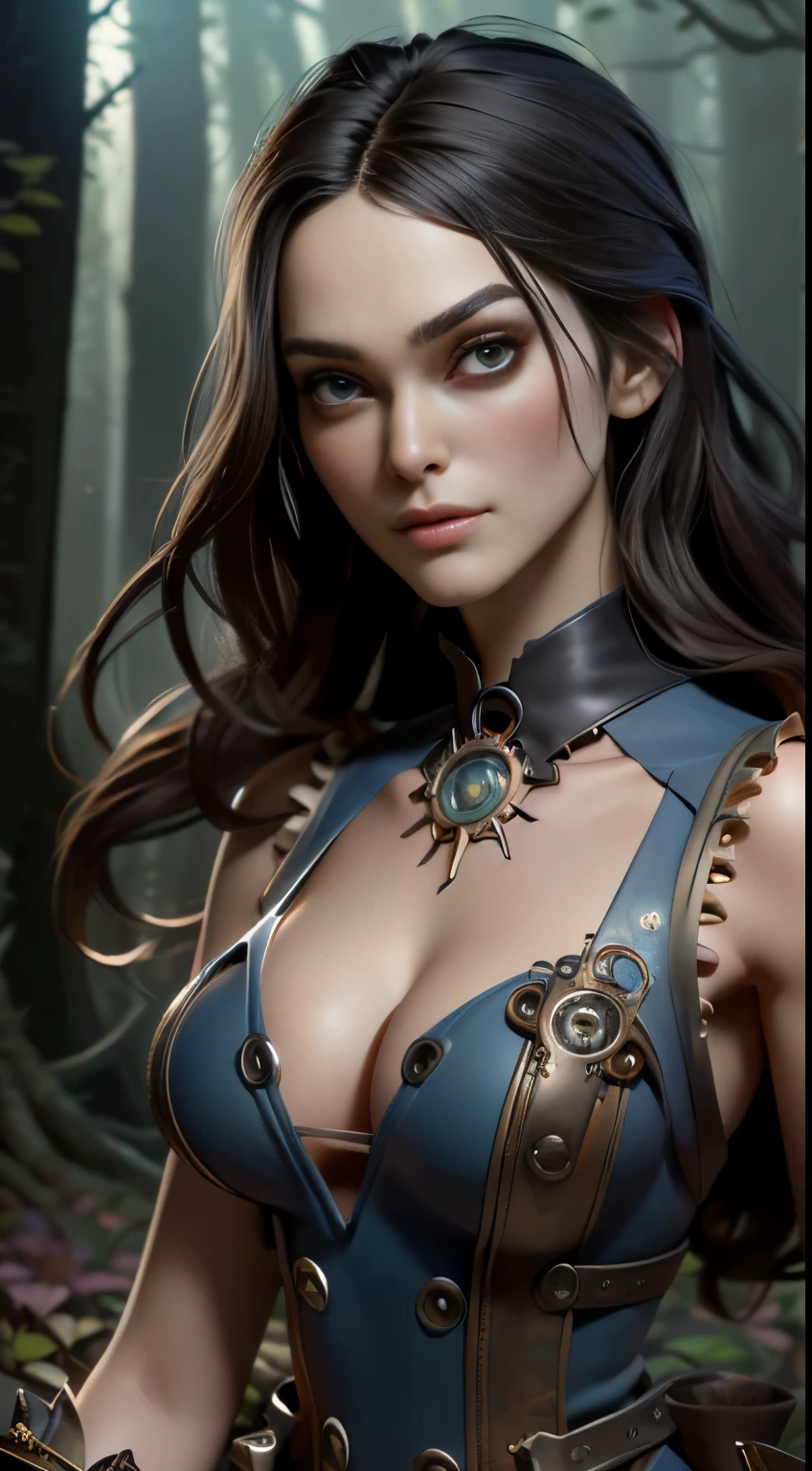 photo of Keira Knightley, RAW, beautiful woman, ((portrait)), ((detailed face:1.2)), ((detailed facial feature, detailed skin, clear skin), (perfect proportioned body), cleavage, ((wearing a revealing American McGee's Alice in Wonderland steampunk dress)), (high detailed giant mystical forest), (realistic photo, best quality, detailed), (8k wallpaper), (cinematic lighting, dramatic lighting) (sharp focus, intricate)