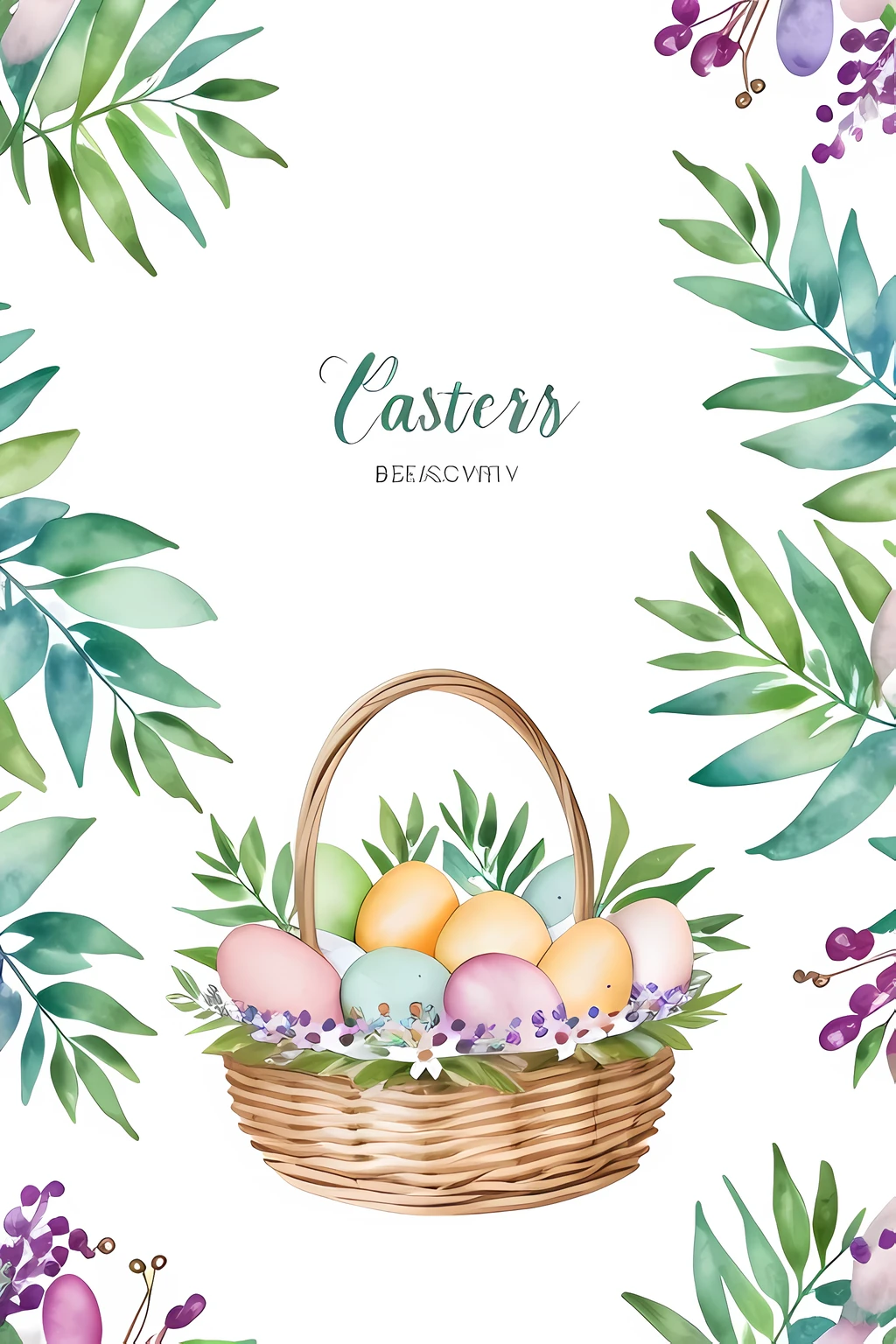 Minimalist watercolor pattern of beautiful flowers, berries, Easter eggs in basket, Easter theme, ferns, leaves, white background, calm colors background. Watercolor texture, beautiful flowers, creative, masterpiece