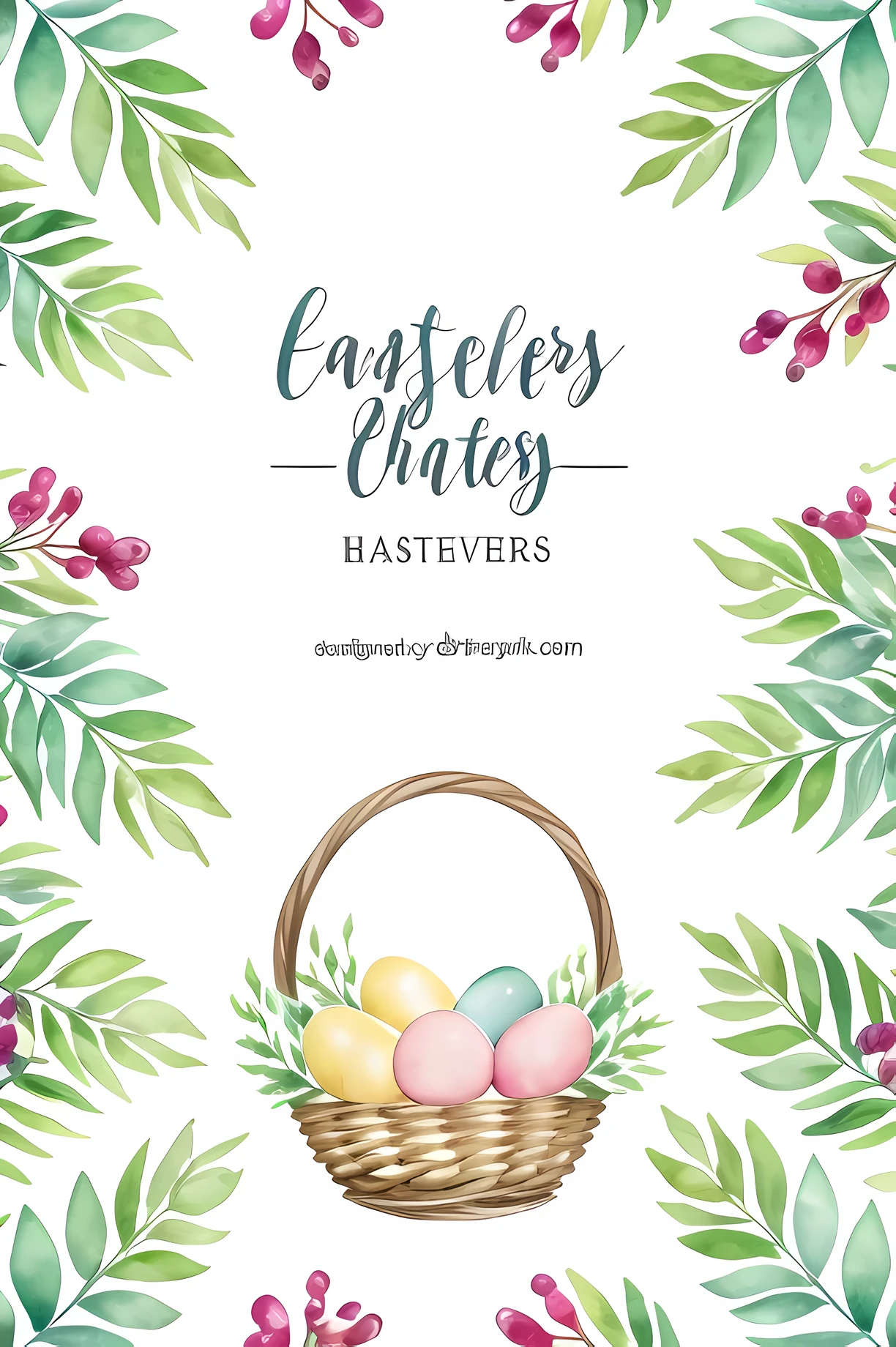 Minimalist watercolor pattern of beautiful flowers, berries, Easter eggs in basket, Easter theme, ferns, leaves, white background, calm colors background. Watercolor texture, beautiful flowers, creative, masterpiece