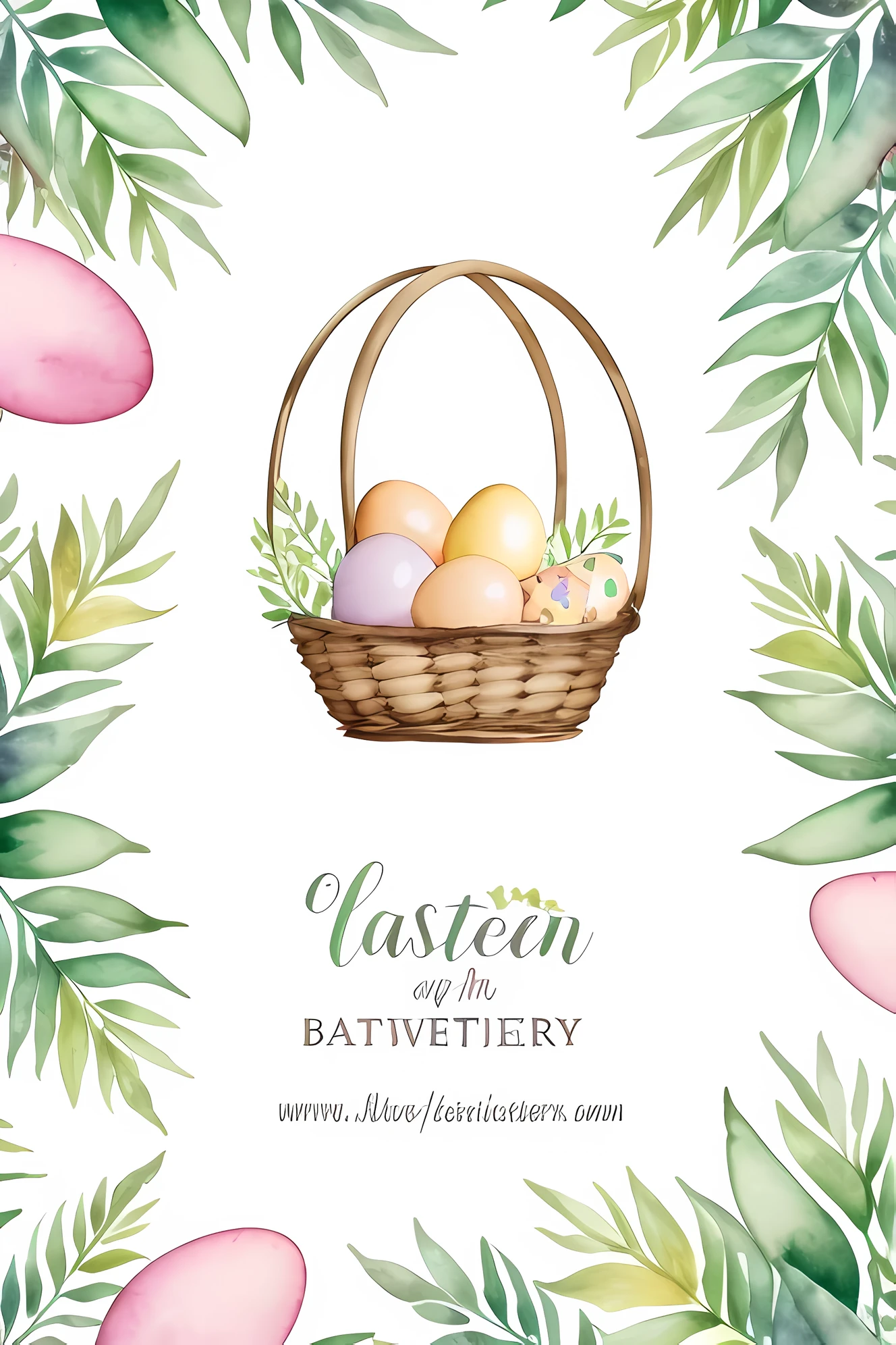 Minimalist  watercolor pattern of beautiful flowers, berries, Easter eggs in basket, Easter theme, ferns, leaves, white background, calm colors background. Watercolor texture, beautiful flowers, creative, masterpiece