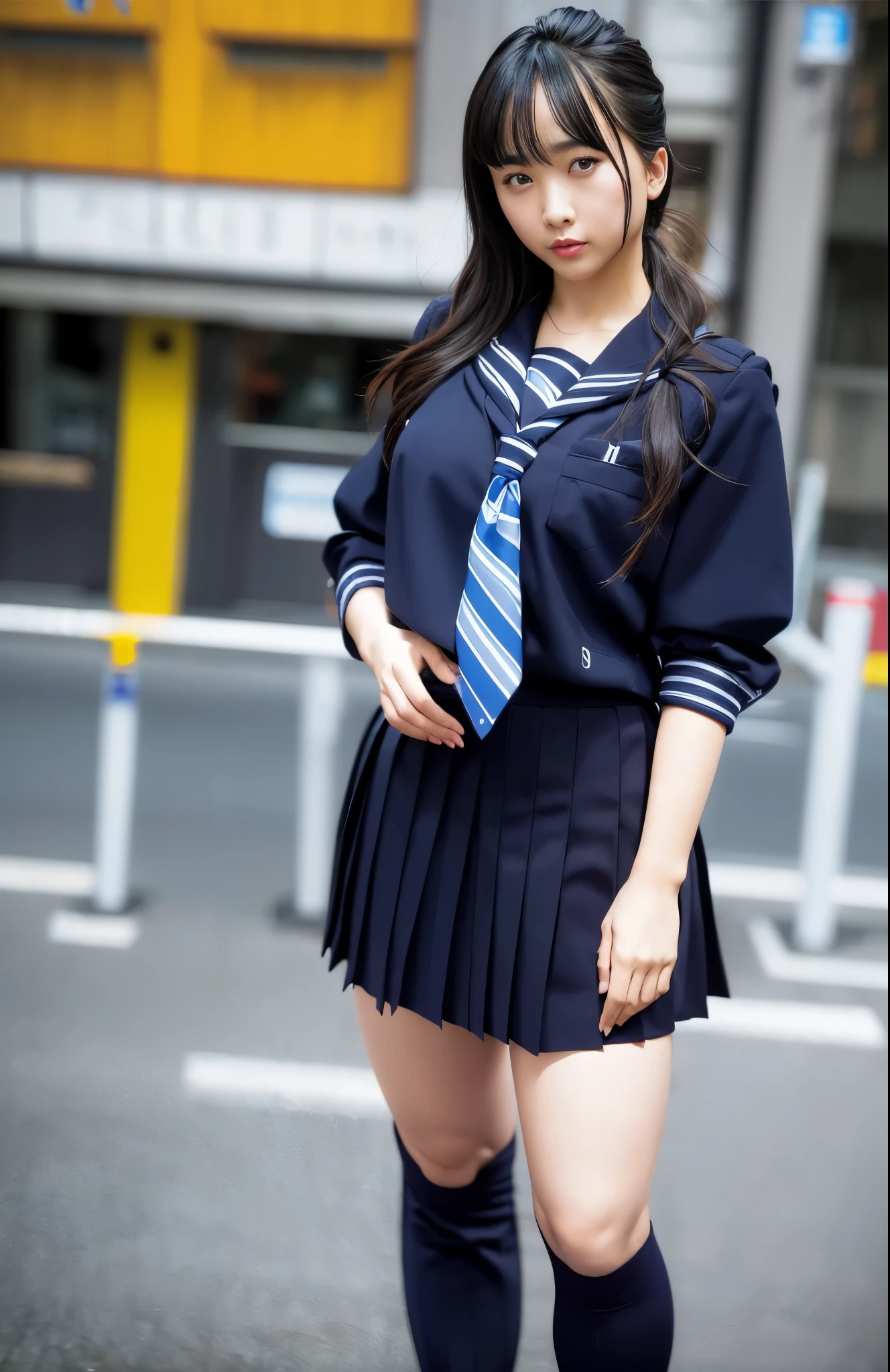 (((Realistic Photography))),, Portrait, (Face of fear:1.3),, Beautiful Girl, Looking at Viewer, , (School uniform:1.2), Shirt buttons and trousers, , (Big cleavage:1),, On Japan Street, (details in environment:1.3),, (Raw photo, cg unity, Photography, ultra Realistic details, Sharp Focus, Detailed skin,4K, hight resolution, masutepiece, Best Quality, Realistic, Vibrant:1.2),, (8K,4K, nffsw, hight resolutionであり, Professional, movie的な, movie, Dramatic),, (anamorphic depth of field blur background), Detailed background,