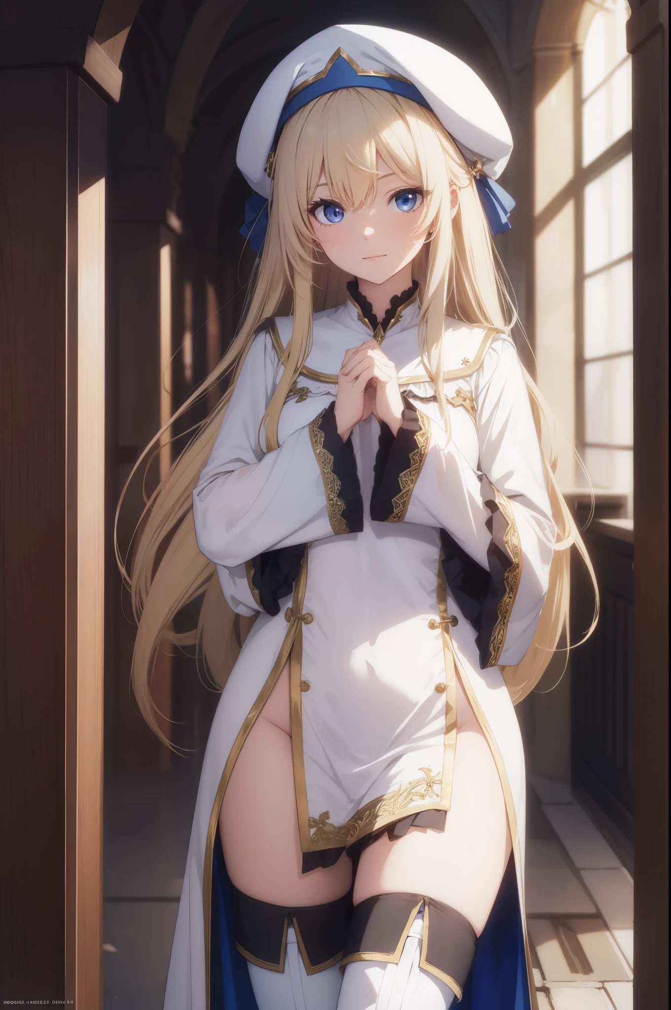 priestess, priestess, blonde hair, blue eyes, long hair, hair between eyes, (small breast:1.0), smile, BREAK boots, dress, frilled sleeves, frills, hat, white headwear, pelvic curtain, high heels, robe, thigh boots, thighhighs, white thighhighs, long sleeves, puffy sleeves, BREAK looking at viewer, BREAK indoors, church, BREAK (masterpiece:1.0), best quality, high resolution, unity 8k wallpaper, (illustration:0.8), (beautiful detailed eyes:1.0), extremely detailed face, perfect lighting, extremely detailed CG, (perfect hands, perfect anatomy),