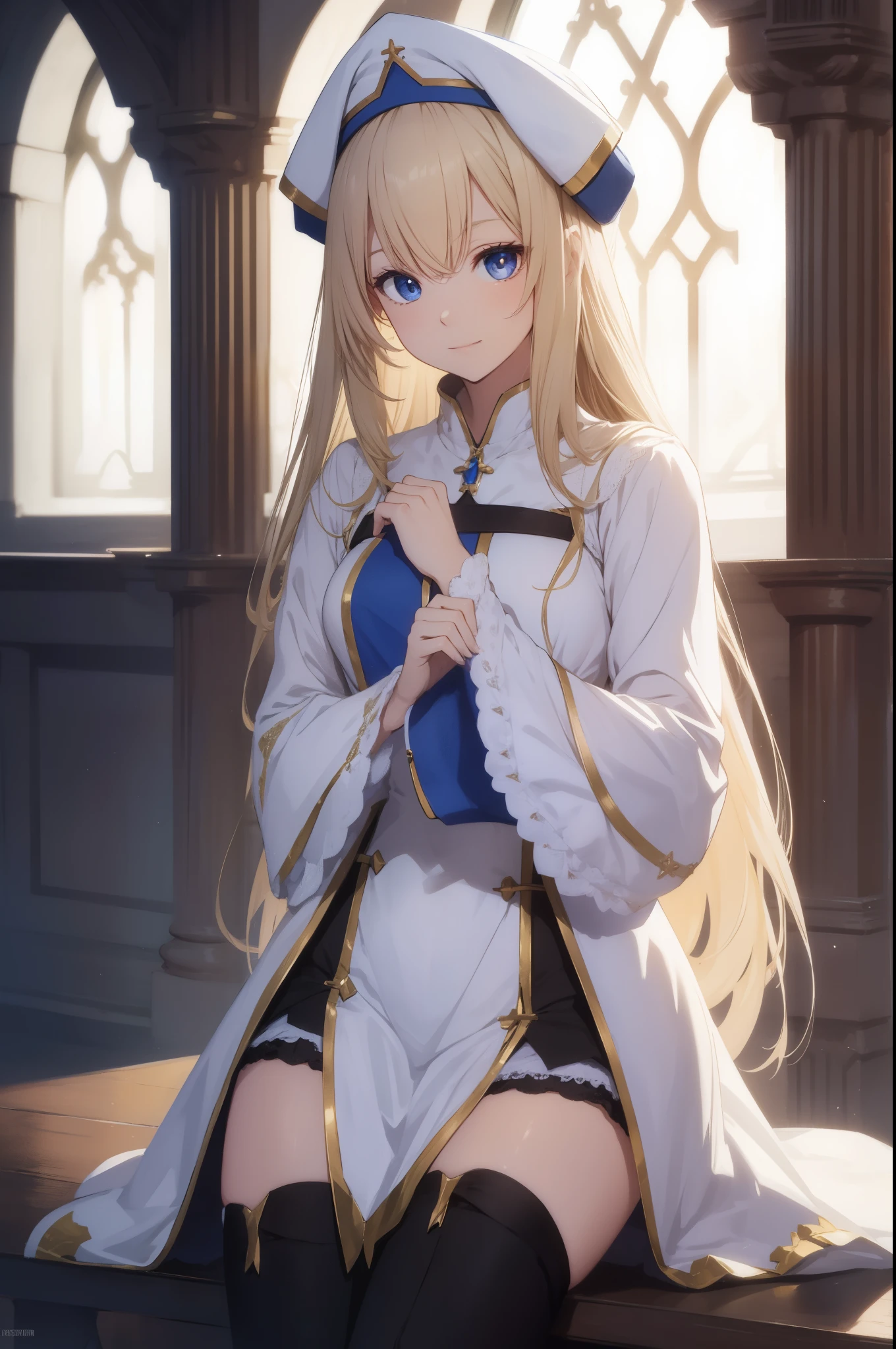 priestess, priestess, blonde hair, blue eyes, long hair, hair between eyes, (small breast:1.0), smile, BREAK boots, dress, frilled sleeves, frills, hat, white headwear, pelvic curtain, high heels, robe, thigh boots, thighhighs, white thighhighs, long sleeves, puffy sleeves, BREAK looking at viewer, BREAK indoors, church, BREAK (masterpiece:1.0), best quality, high resolution, unity 8k wallpaper, (illustration:0.8), (beautiful detailed eyes:1.0), extremely detailed face, perfect lighting, extremely detailed CG, (perfect hands, perfect anatomy),