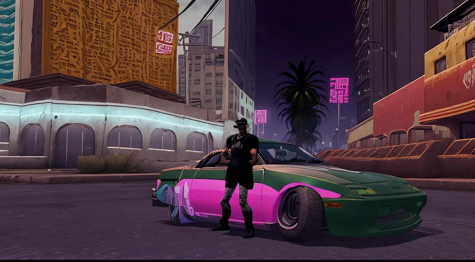Arafed image of a man standing next to a car in a city., in Gta vice city, in Gta san andreas, Gta vice city style, Gta artstyle, Gta vice city art style, de pie frente a Lowrider, Gta chinatowon art style, Gta vice city style art, Neon City in the background, Gta san andreas, Gta