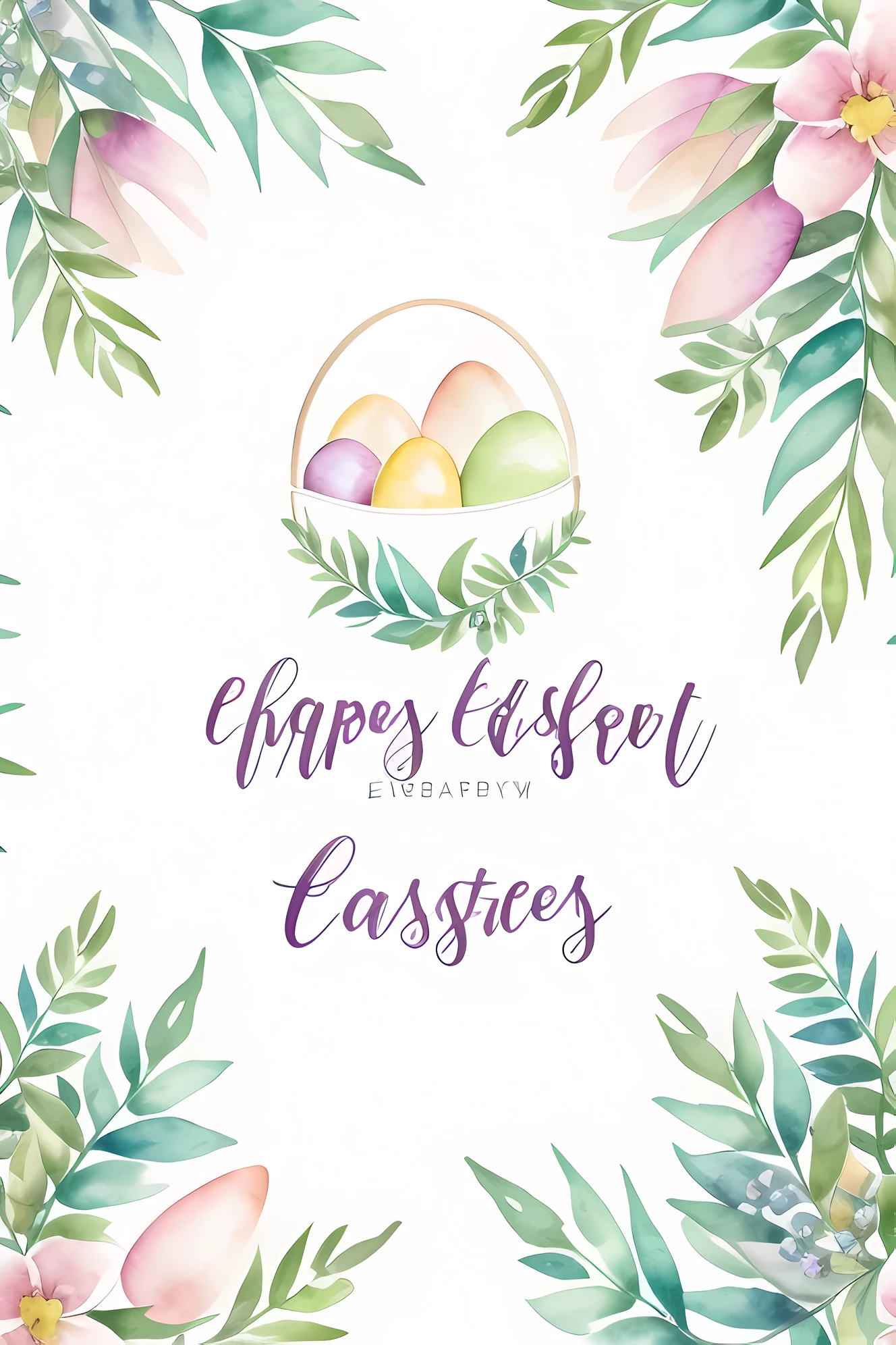 Minimalist watercolor pattern of beautiful flowers, berries, Easter eggs in basket, Easter theme, ferns, leaves, white background, calm colors background. Watercolor texture, beautiful flowers, creative, masterpiece