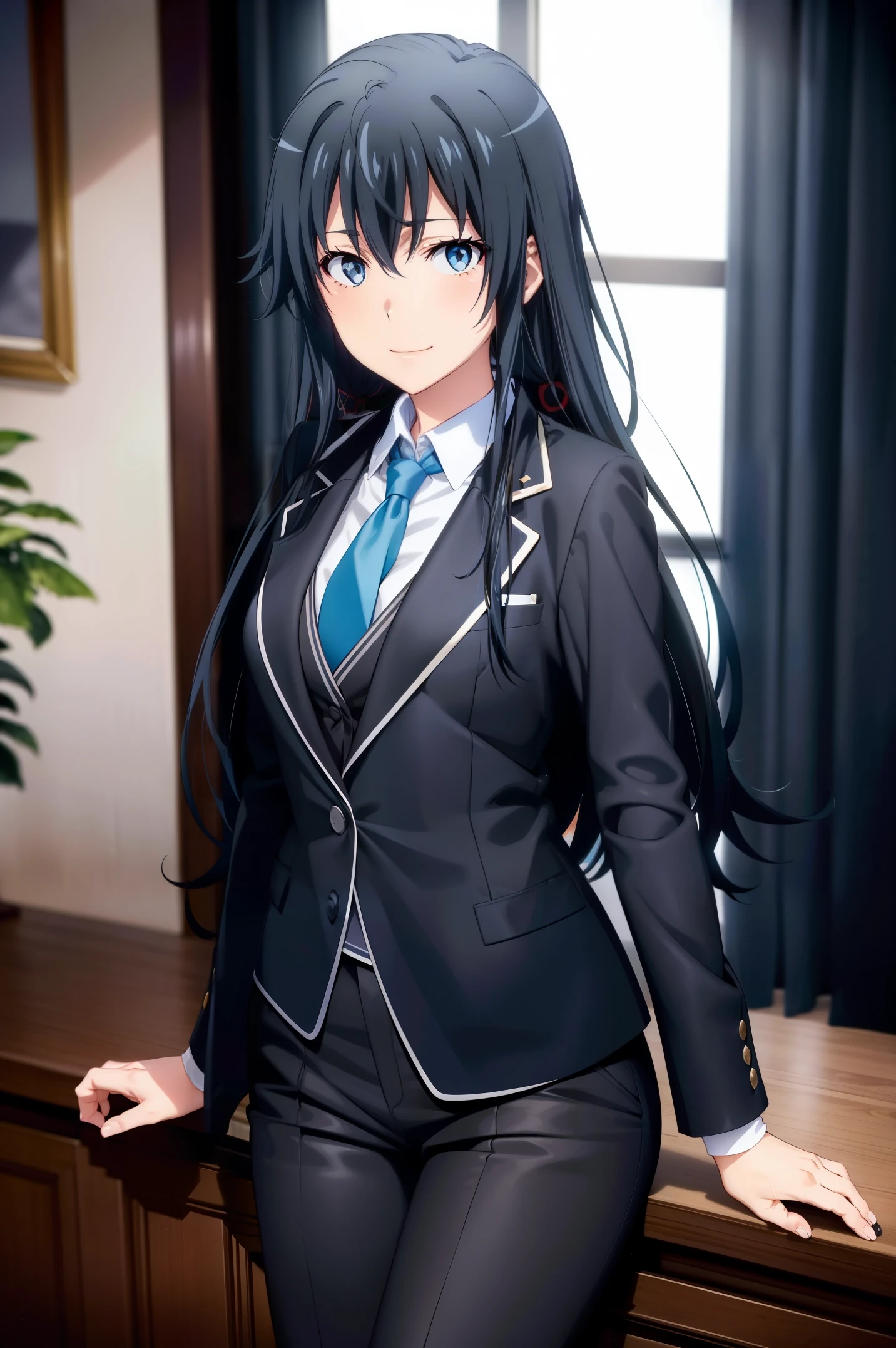 Yukinoshita Yukino ,A woman wearing a formal, attractive coat stands in a large gap in the room , 1girl, 独奏, blue necktie, Black hair, eyes blue, long  hair, smile , collared shirt, white pants, white shirt , Elegantly designed coat , Stand in front of the window ,Perfectly tailored tailcoat made of shiny fabric