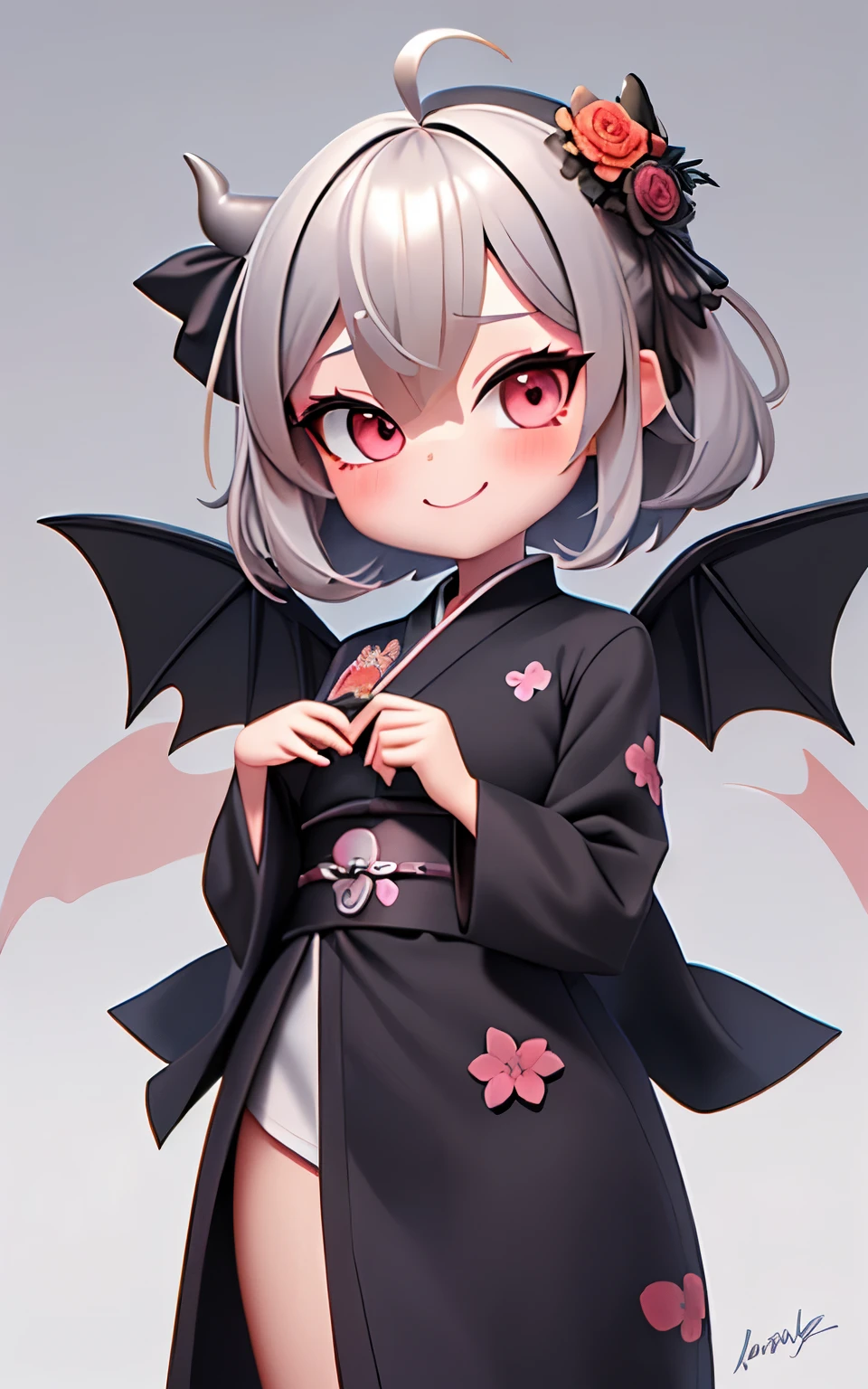 Pixar, 1girl in, Devilish appearance, (short silver hair:1.5), Eyes are red, Reaching out:1.5, blush, (Ahoge:1.2), eyes gentle, (A smile:1.2), Hair Bow, (Black devil wings and tail grow:1.3), Black sheep horns grow, (black furisode:1.5), (Floral hair ornament:1.3), 独奏, Bangs, femele, Upper body