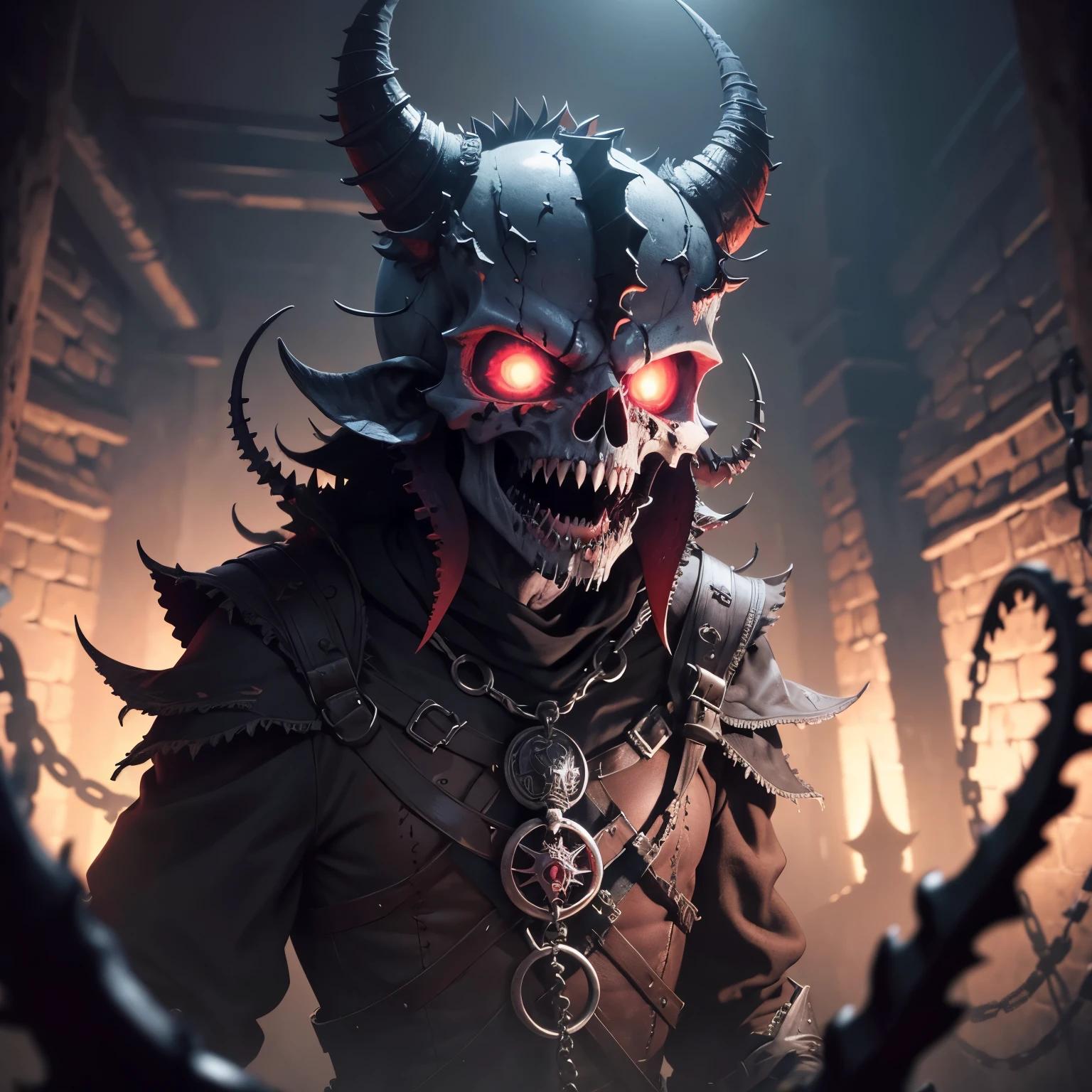 demonio, bestial skull, correntes ensanguentadas, preso, ossos Behemoth, manic eye aberration, membros suturados, tentacles, ossos, dentes, presas afiadas, acorrentado, expression of insanity, loucura, dungeon dungeon environment, 8k, qualidade ultra HD.