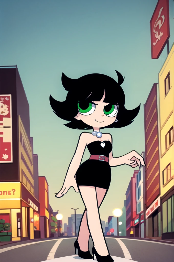 1 girl, solo, A Powerpuff Girl named Buttercup, short black hair, bob cut, medium hair, green eyes, in a little black dress, short strapless black dress, a longer body, all grown up, a teenager style, with a pearl necklace, bare shoulders, black high heels, and being so beautiful, walking in the street, at night time in the city, in 2D illustration, 2D art style, smile.