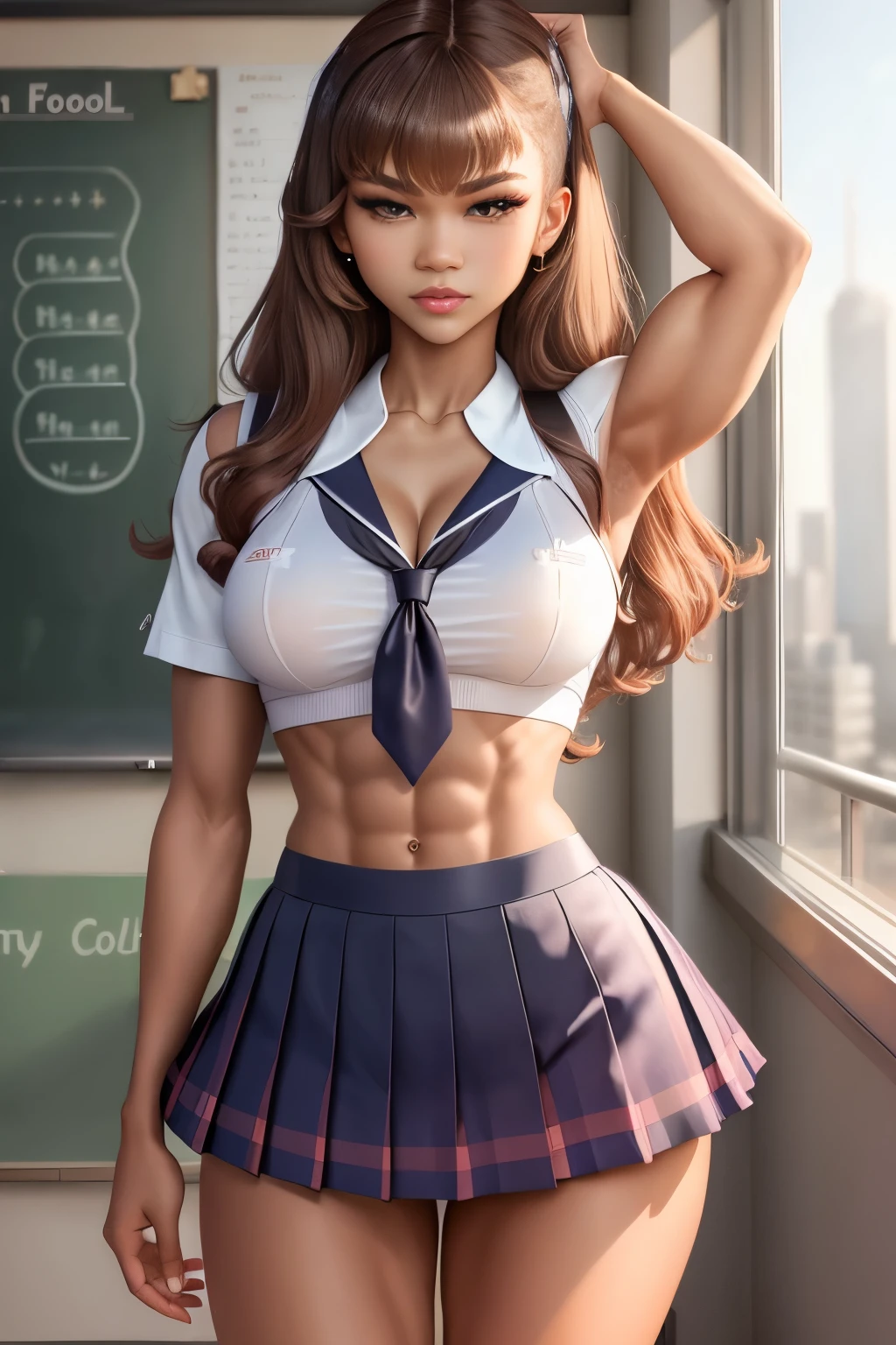 (Zendaya Coleman:1.3), (School girl, school uniform:1.3), busty, (muscular, strong muscles, abs, biceps, triceps:1.2), hourglass figure, massive breasts, cleavage, revealing blouse, wearing a very thin top, transparent outfit, very tiny pleated skirt, very short pleated skirt, tie, (extreme detail, best quality, 8k:1.3), innocent pose, alluring pose, submissive pose