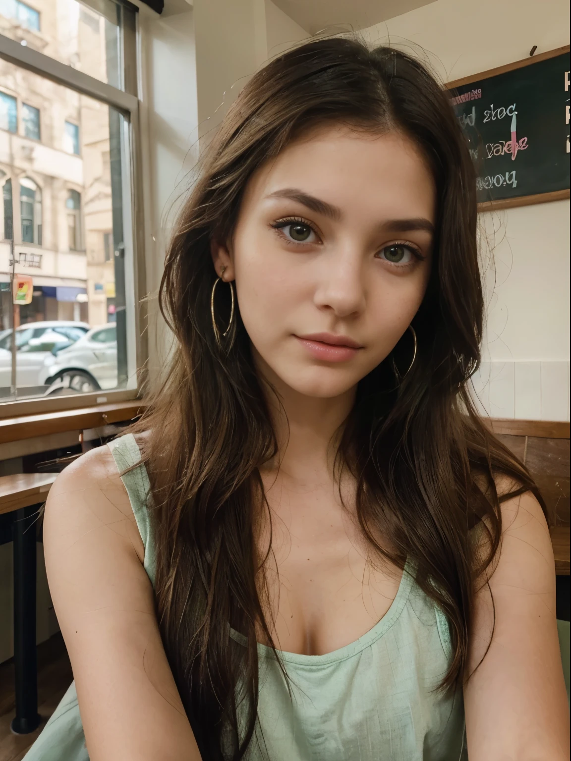 Photo of a 20 year old brunette woman, that  has a very natural face,  thin lips, thin eyes, thin eyebrows, thin nose, earrings, long eyelashes, greenish hair ,pink eye lens. She makes a cute selfie in a cafe