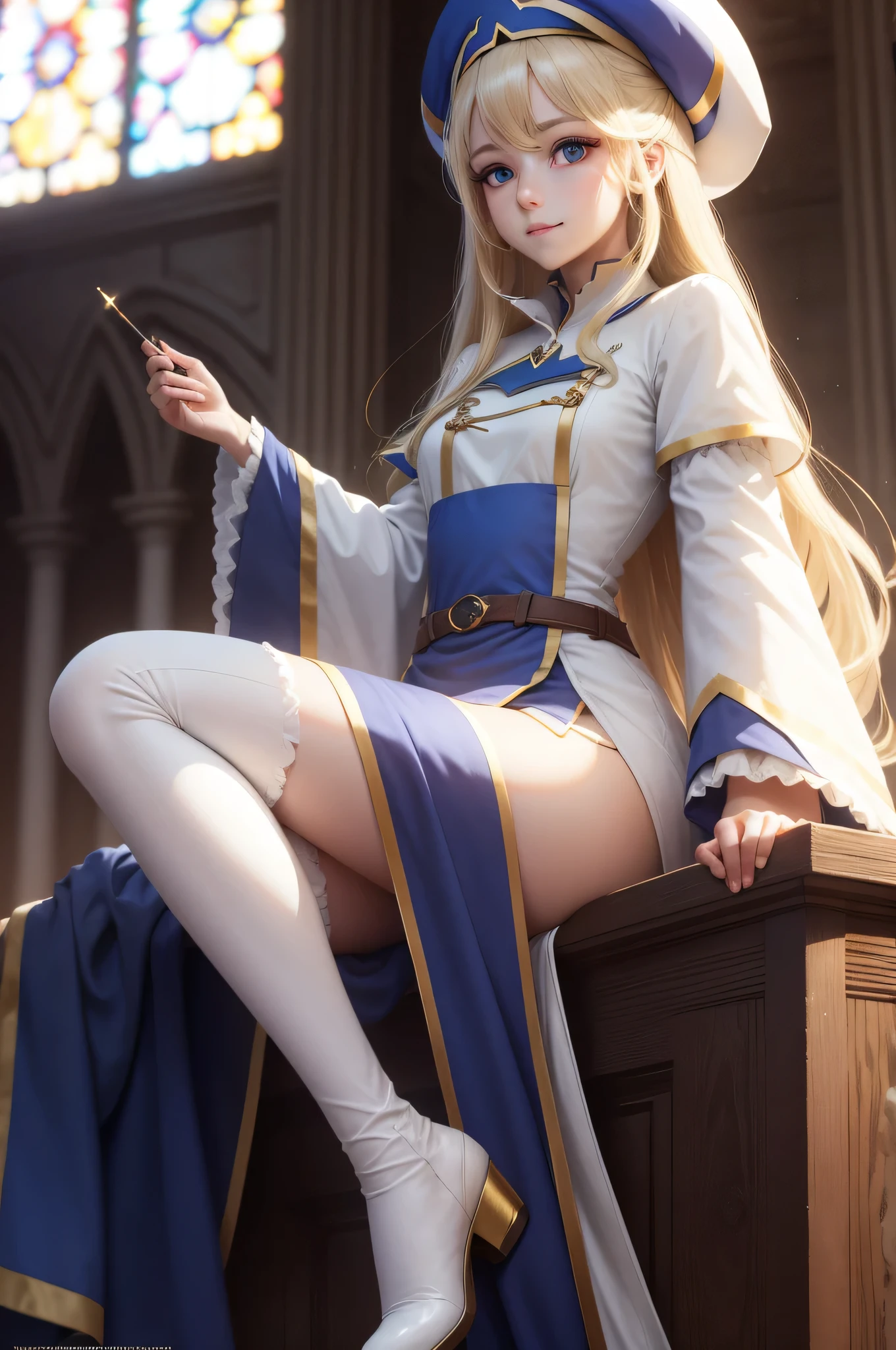 blonde hair、Golden Eyes、s girl、View of the crotch from below、flat chest、Thin pubic hair、Beautiful open legs、military outfits
