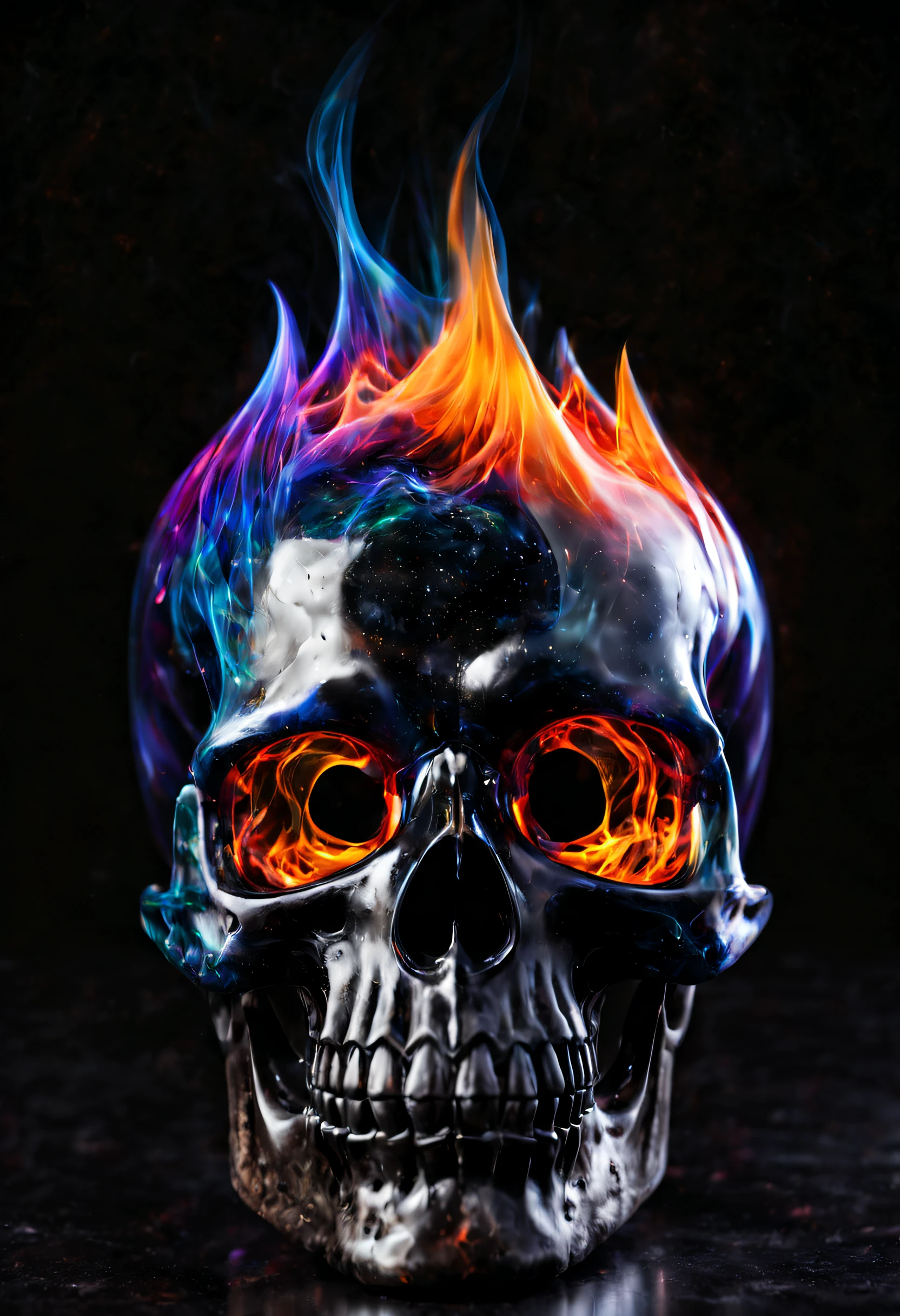 A beautiful realistic magestic darkness glass skull with a coat made of a magnificent colored fire storm, It's textured and beautiful with lot of multicolored flying dust