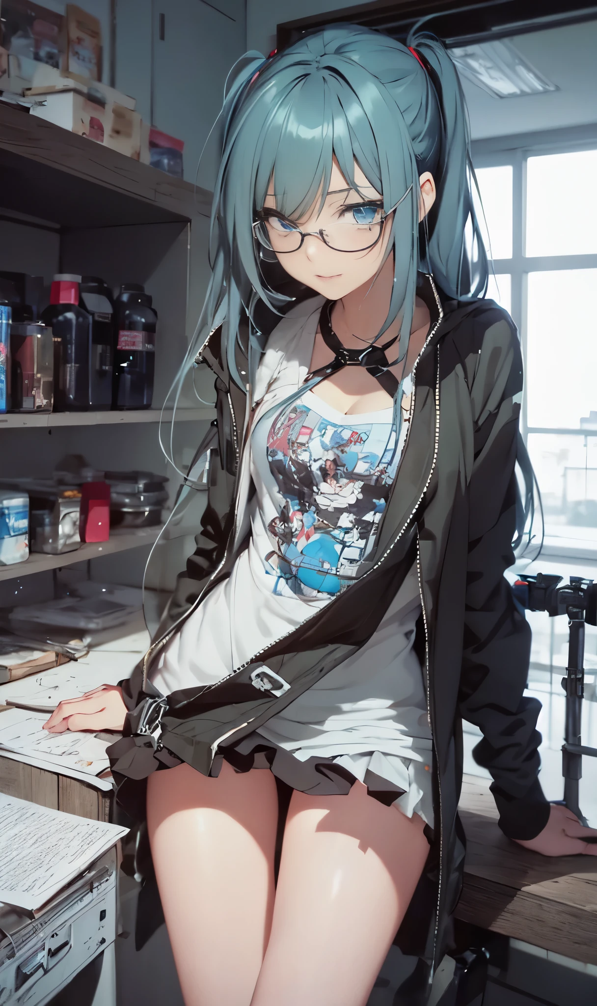 dishevled hair、blunt bang cut、monochromes、grayscales、Onepiece、dishevled hair、slovenly、Cross-eyed、Drunk、Turned、( Silly / Sexual ecstasy)、Turned、eye glass、top-quality, Photorealistic, An ultra-fine illustrations, beautiful attractive anime girl, miku hatsune, Slender body, Tied hair, one girls, a photo of girl, Full body shot, Beautiful blue eyes, Turned,