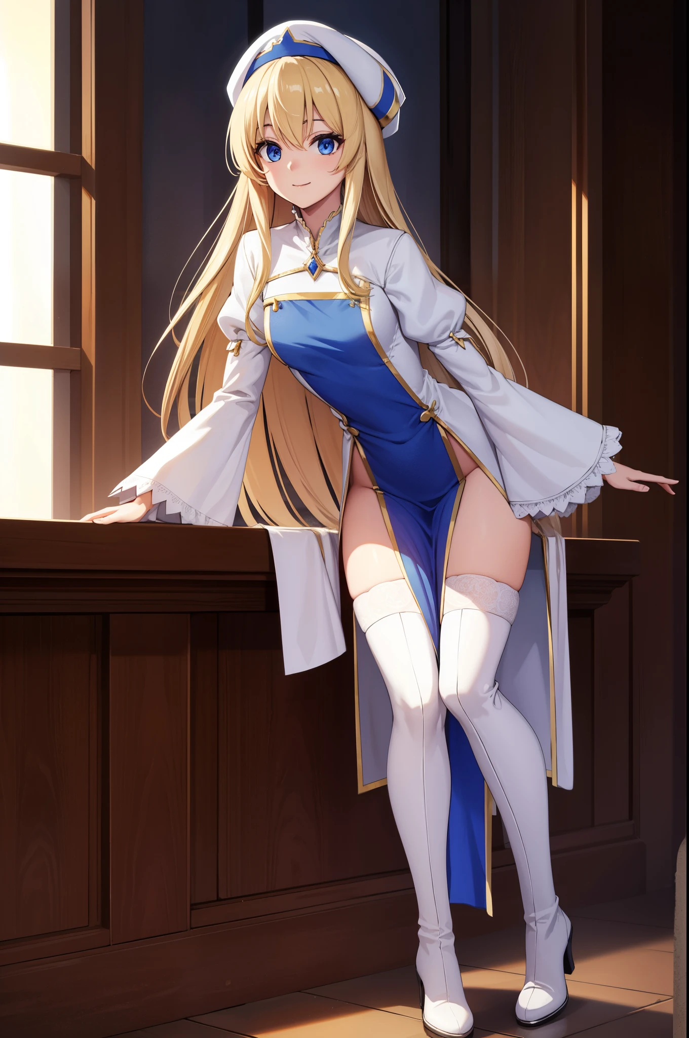 priestess, priestess, blonde hair, blue eyes, long hair, hair between eyes, (small breast:1.0), smile, BREAK boots, dress, frilled sleeves, frills, hat, white headwear, pelvic curtain, high heels, robe, thigh boots, thighhighs, white thighhighs, long sleeves, puffy sleeves, BREAK looking at viewer, BREAK indoors, church, BREAK (masterpiece:1.0), best quality, high resolution, unity 8k wallpaper, (illustration:0.8), (beautiful detailed eyes:1.0), extremely detailed face, perfect lighting, extremely detailed CG, (perfect hands, perfect anatomy),