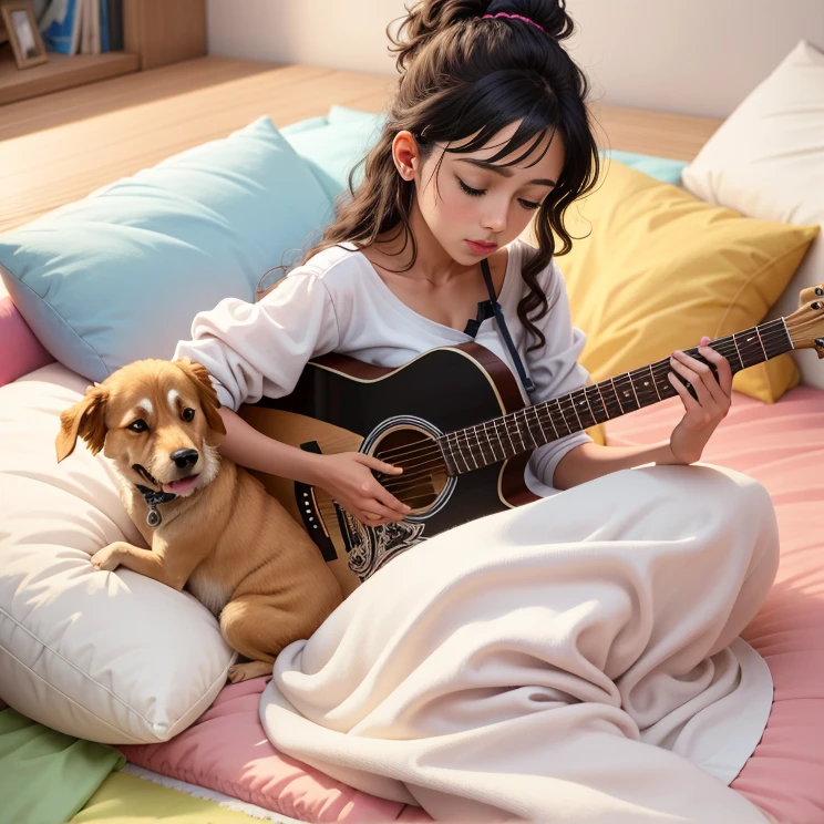 cartoon of a woman acostarse en una cama with a dog and a guitar, por Asaf Hanukkah, Despertar, ( Asaf Hanukkah ), Arte conceptual relajante, Illustration style, en mi cama, valentina revolver, en un dormitorio, by Ignacio Zuloaga, por Tomer Hanuka, Imagen emocional, Beautiful illustration, acostarse en una cama