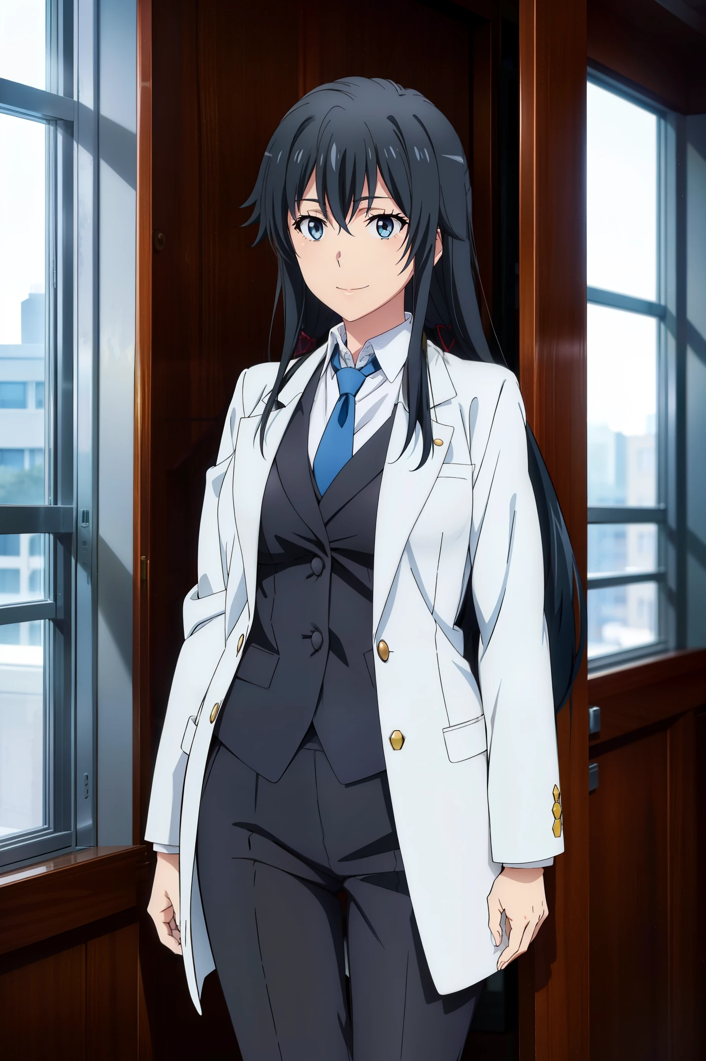 Yukinoshita Yukino ,Woman wearing formal clothes, An attractive coat stands in a large gap in the room , 1girl, 独奏, blue necktie, Black hair, eyes blue, long  hair, smile , collared shirt, white pants, white shirt , Elegantly designed coat , Stand in front of a window ,Perfectly tailored tailcoat made of shiny fabric