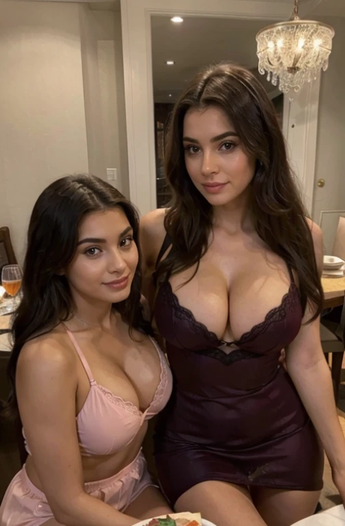 Huge cleavage on her breasts 21 year old aunt and stepsister sitting at the dining room table, luxury photo shoot, ambas se ven sexis, coquetas, muy hermosas, cenando en un lugar de lujo, vestidas de gala, estilo de vida lujoso, ambas con vestidos rojos pero de diferente material, both in lingerie