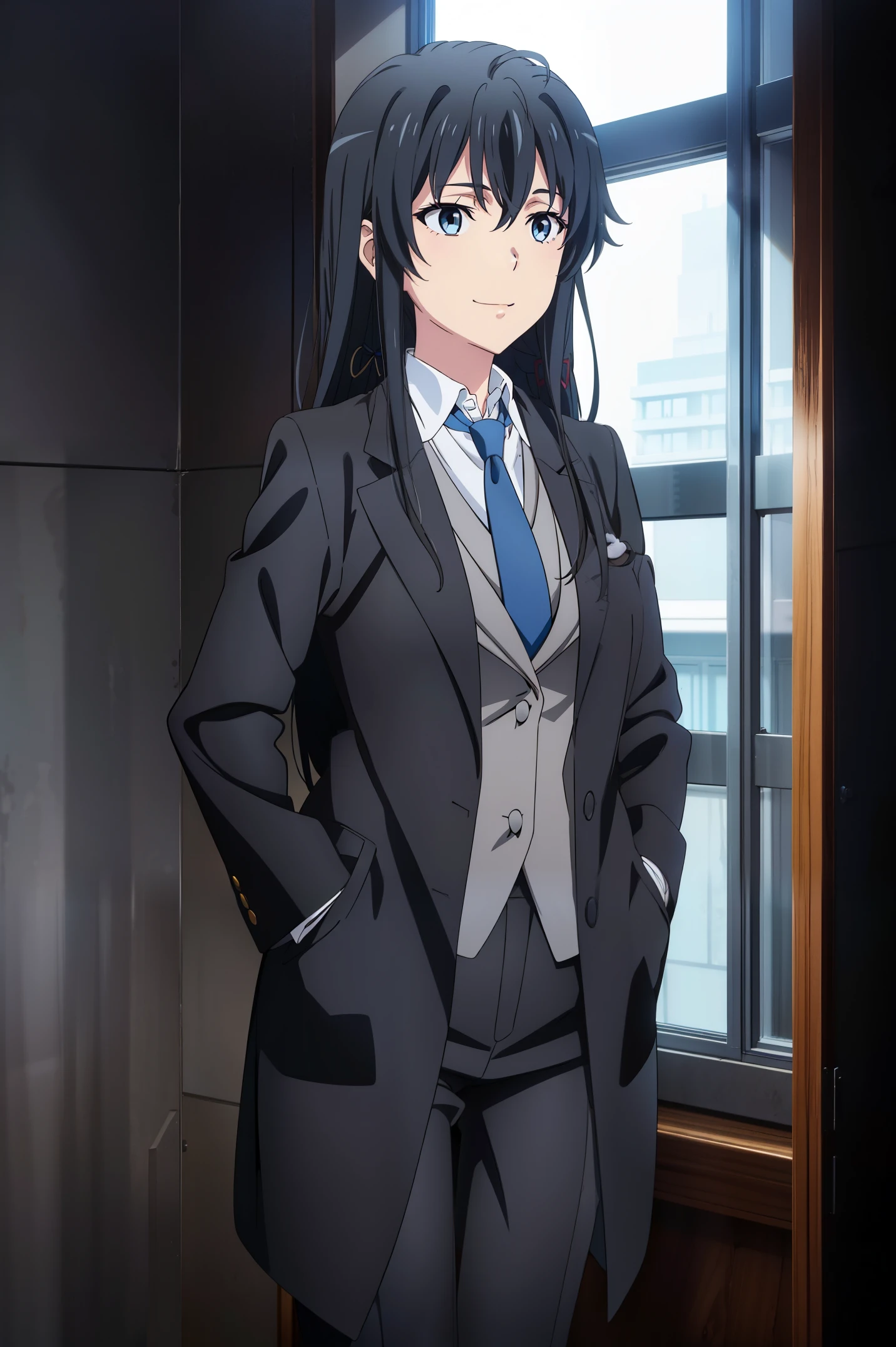 Yukinoshita Yukino ,Woman wearing formal clothes, An attractive coat stands in a large gap in the room , 1girl, 独奏, blue necktie, Black hair, eyes blue, long  hair, smile , collared shirt, white pants, white shirt , Elegantly designed coat , Stand in front of a window ,Perfectly tailored tailcoat made of shiny fabric