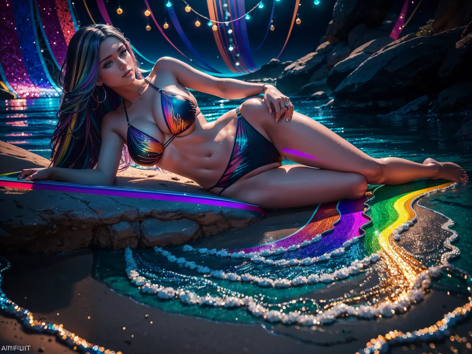 (Full body shot), an extremely detailed photorealistic photograph of a very beautiful Caucasian woman laying on the beach posing, straight dark rainbow colored hair, (Beautiful Feet), wearing a futuristic dark multicolored string bikini 👙, visually rich, emotionally confident, detailed environment, fantastical, imaginative, visually rich, atmospheric, vibrant lighting, uhd, high resolution, 8k, photorealistic, intricate masterpiece, best quality, best detail, Fujifilm XT4